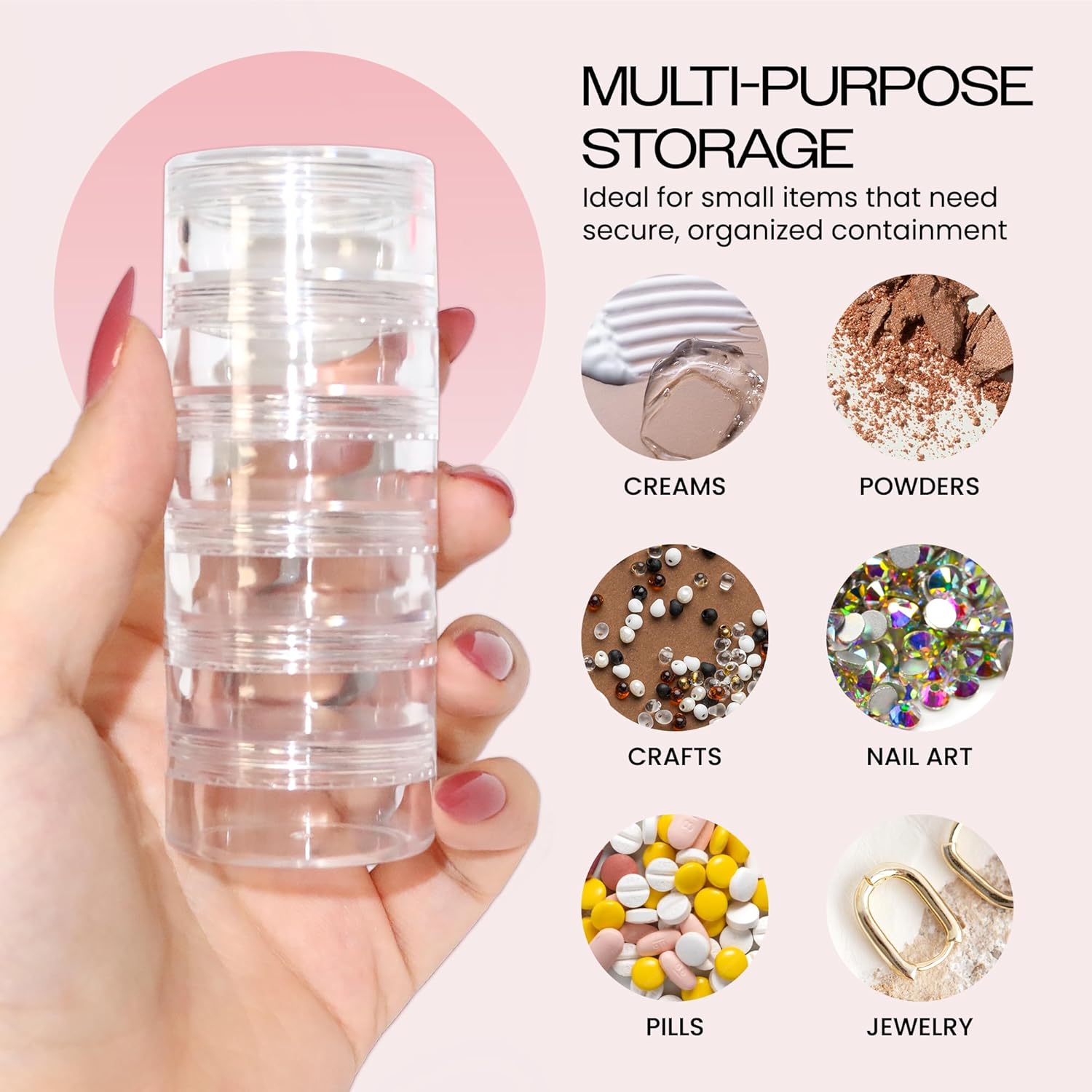 Beauticom 10G/10ML Transparent Stackable Jars - Round Plastic Container with Clear Lid Embellishment Bead Glitter Charm Craft Jars (18 Columns/108 Pieces)