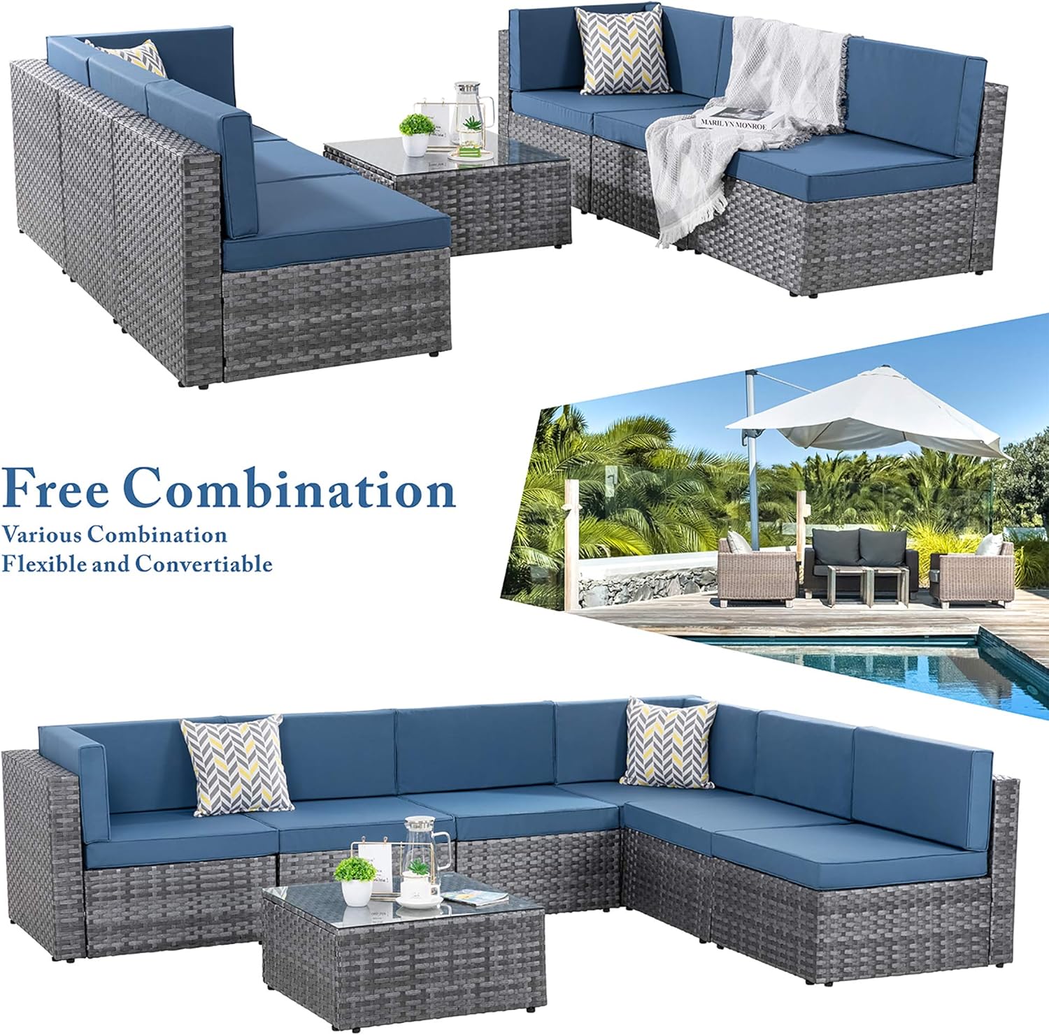 Walsunny 7 Piece Outdoor Patio Furniture Sets, PE Silver Gray Rattan Wicker Sectional Sofa Couch with Tea Table & Washable Cushions (Aegean Blue) : Patio, Lawn & Garden