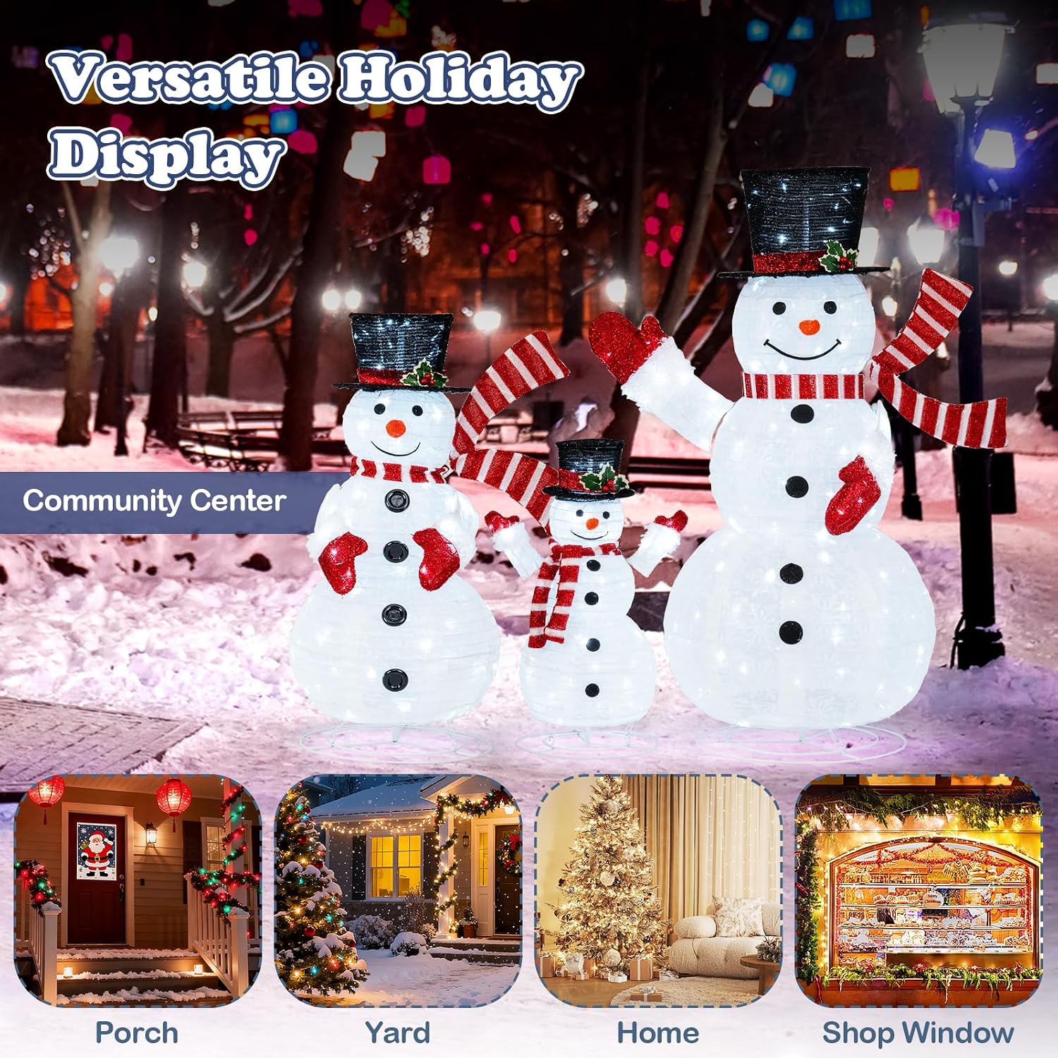 Goplus 3 Pcs Lighted Pop-up Snowman Decoration, Pre-lit Snowman Family with 270 Cold White LED Lights, Ground Stakes, Indoor & Outdoor 3D Christmas Holiday Display for Yard, Garden, Fireplace