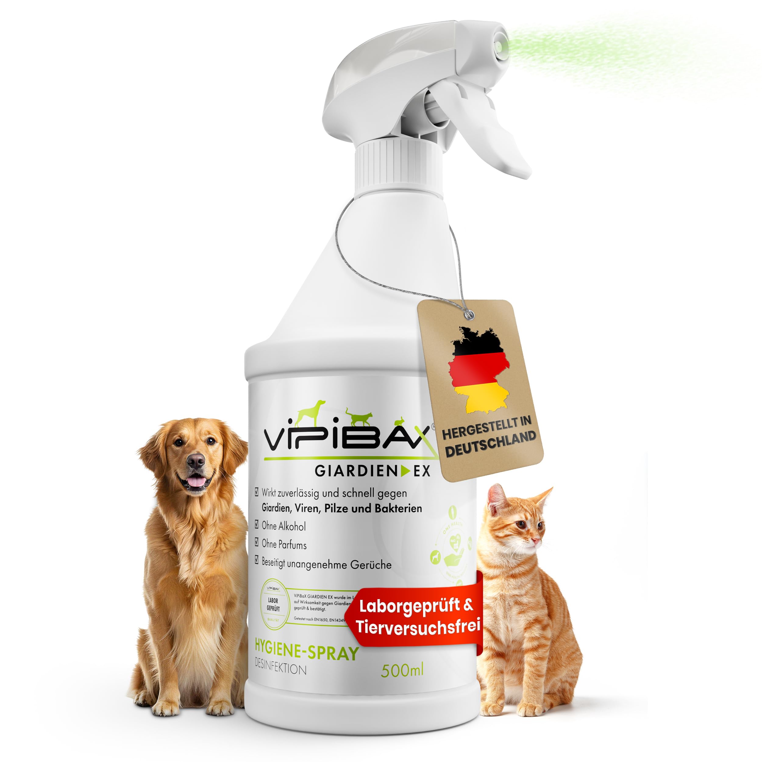 ViPiBaX Giardien EX Hygiene-Spray für Hund, Katze & Co - Geruchsentferner - Hygiene-Spray - Effektive Desinfektion gegen Giardien, Viren, Pilze & Bakterien - 500ml