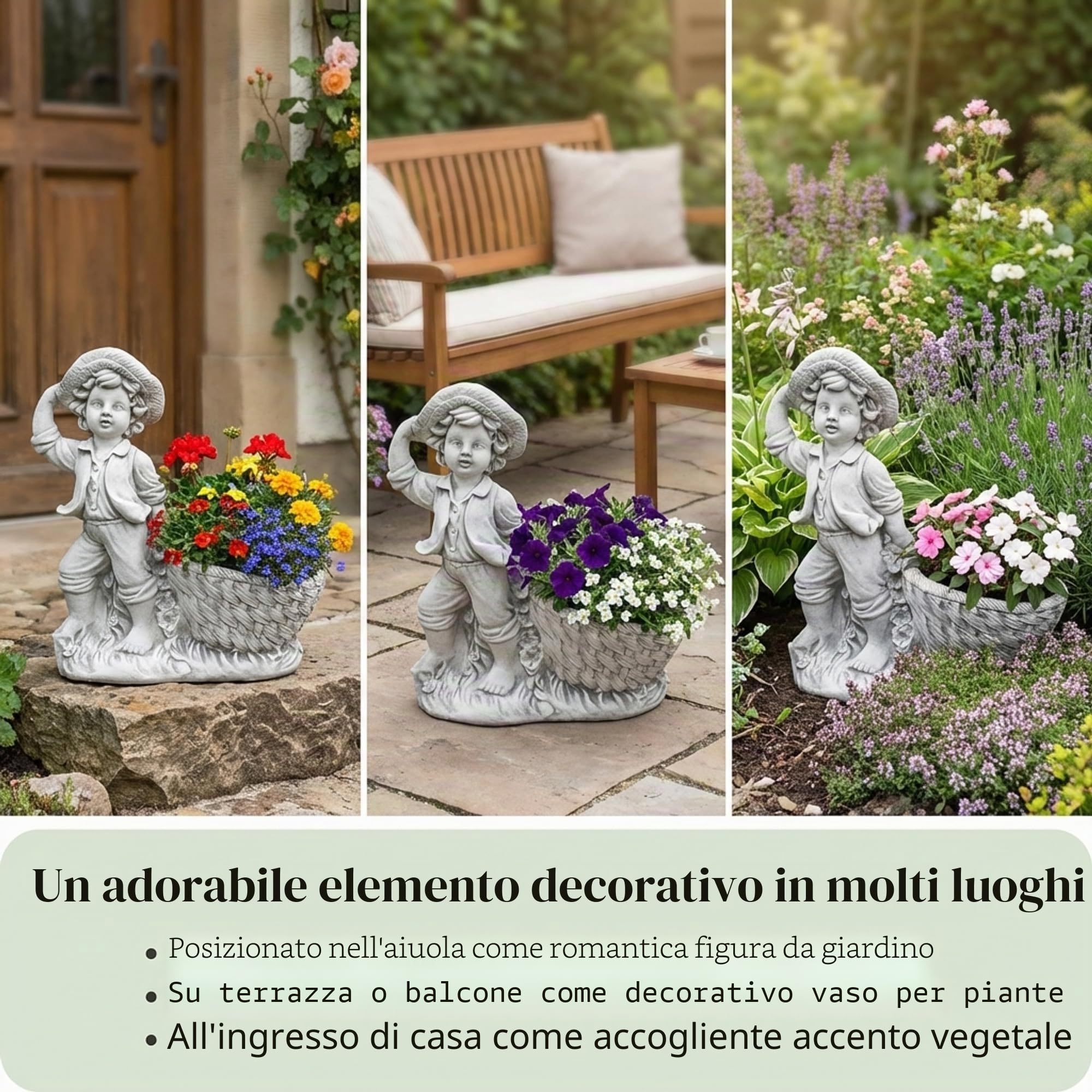 gartendekoparadies.de Statua da giardino Ragazzo con vaso, altezza 40 cm, vaso per piante in pietra refrattaria resistente al gelo, decorazione da giardino in grigio