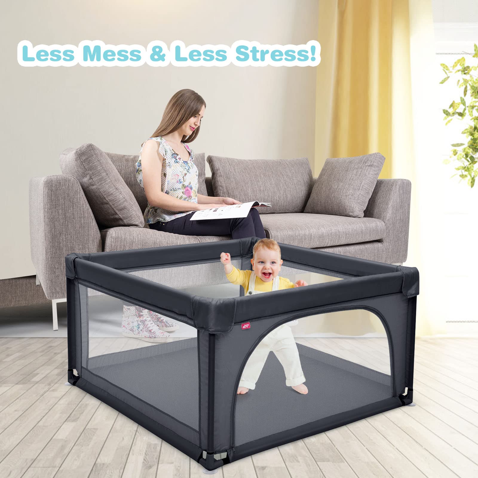 LIFEZEAL Corral con puerta corredera, área de juego de tela Oxford lavable, centro de actividades para bebés con 50 pelotas de juego 120x120x68CM (Gris oscuro)