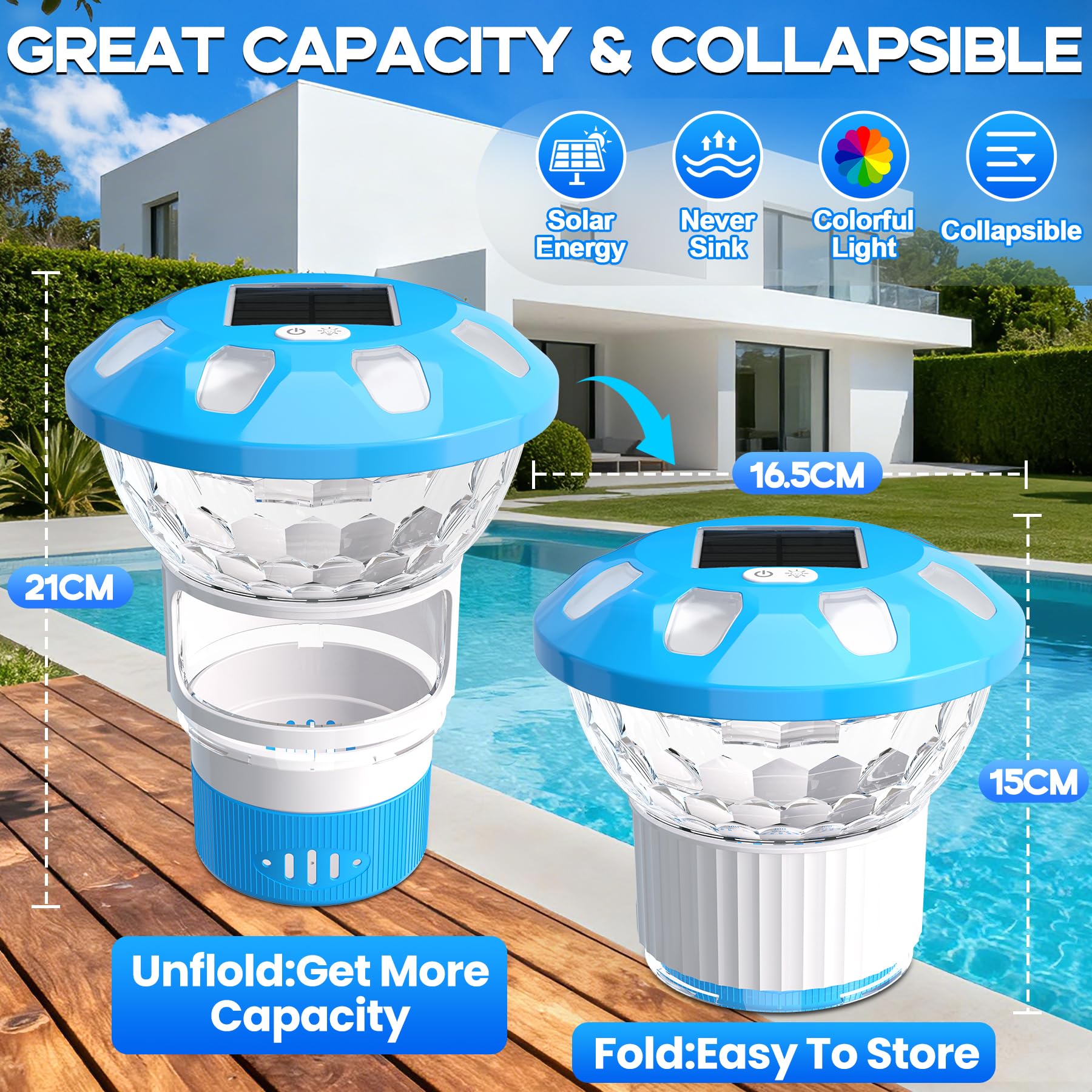 KingSom 2026 Dosierschwimmer Pool, Chlor Dosierschwimmer mit LED-Licht, Tastenbedienung Solar Pool Dosierschwimmer, Einstellbare Pool Chlor Schwimmer für 4 * 3" Chlortabletten, Chlordosierer für Pool