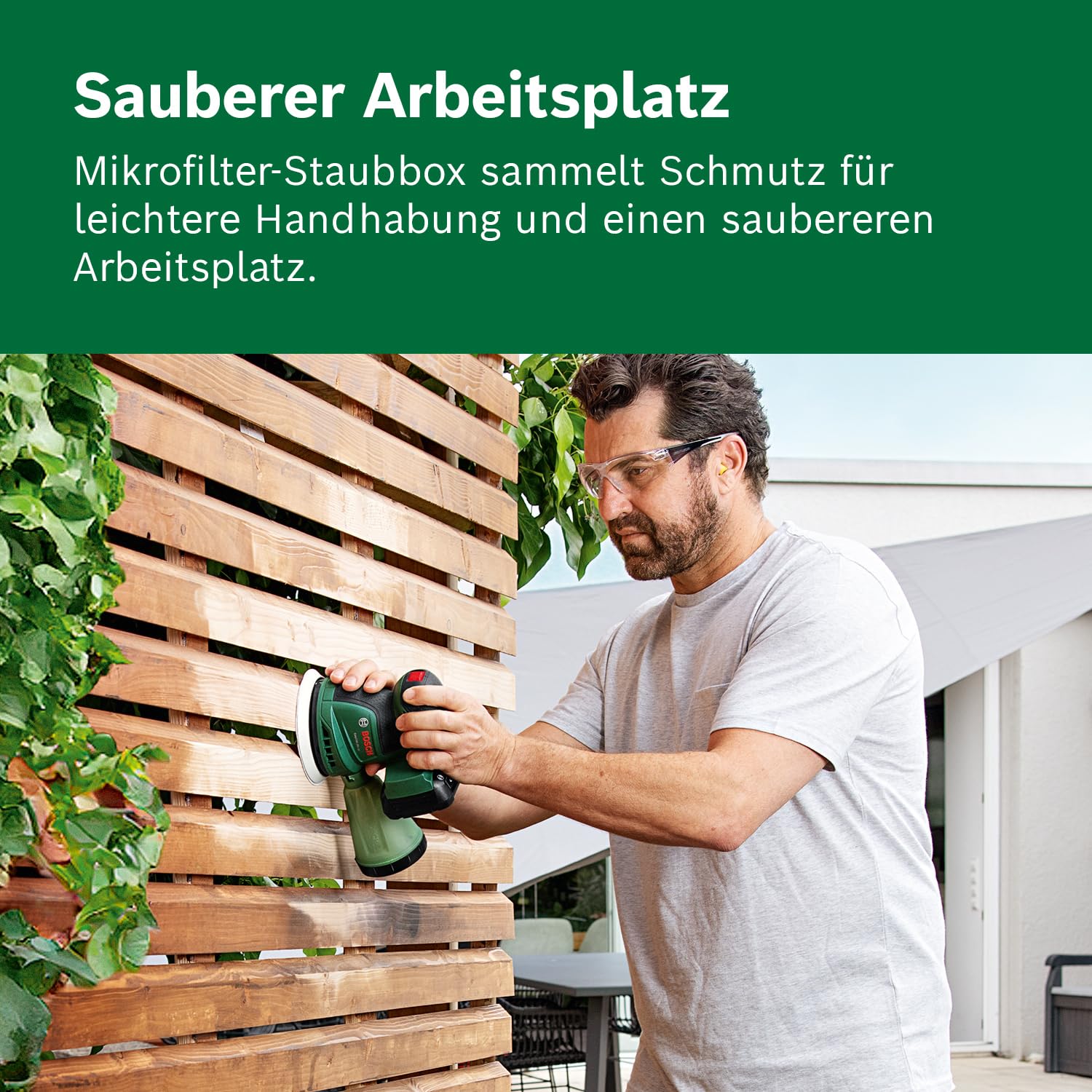 Bosch Akku-Exzenterschleifer EasyOrbit 18V-10 (Schleifen von kleinen bis mittelgroßen Holzoberflächen sowie lasierten und lackierten Oberflächen; Durchmesser: 125 mm; 18 Volt System; ohne Akku)