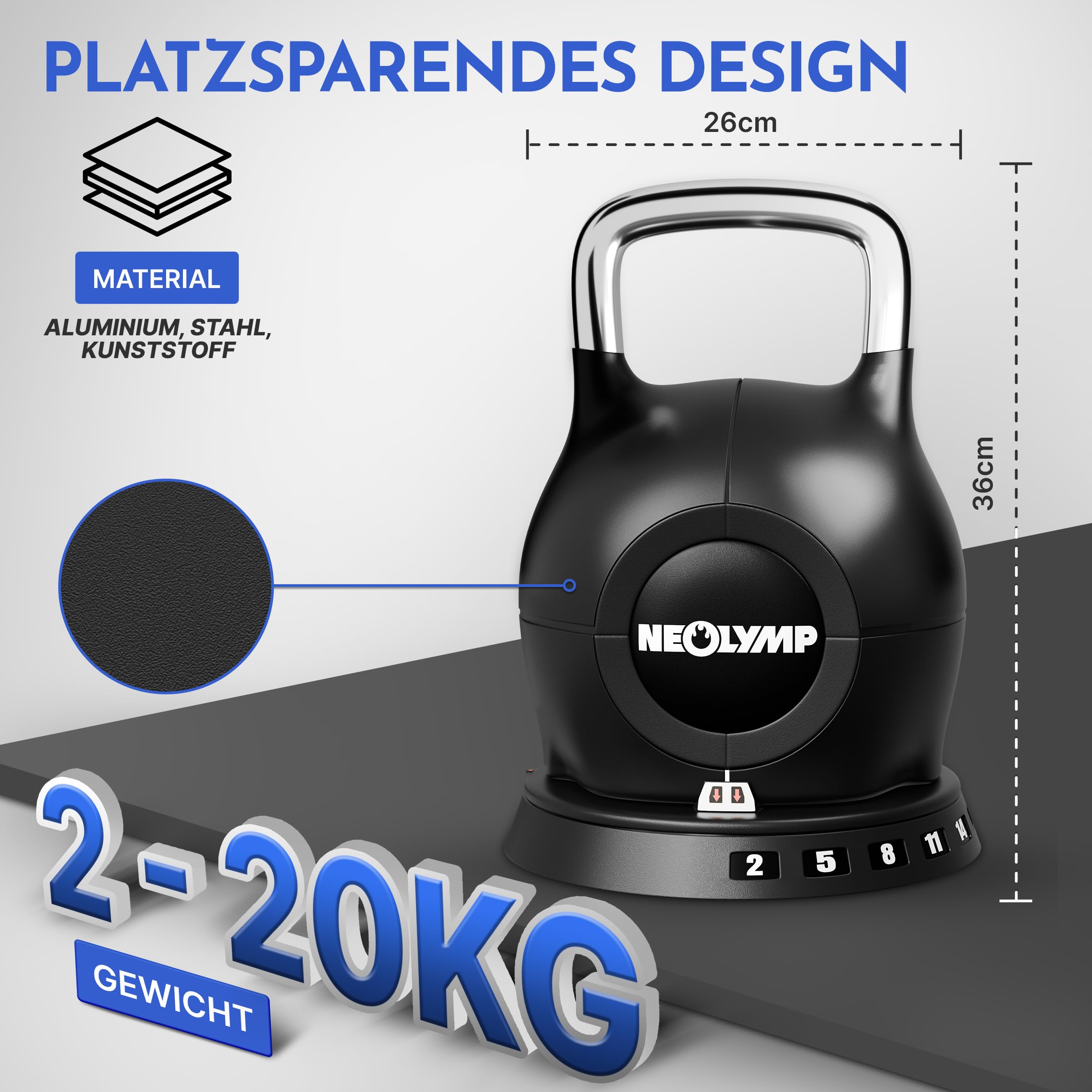 NEOLYMP Kettlebell Set 2-20 kg - 7-in-1 Kettlebell verstellbar für Ganzkörper-Workout Zuhause - Kugelhantel mit robustem Edelstahl-Handgriff für perfektes Schwungerlebnis