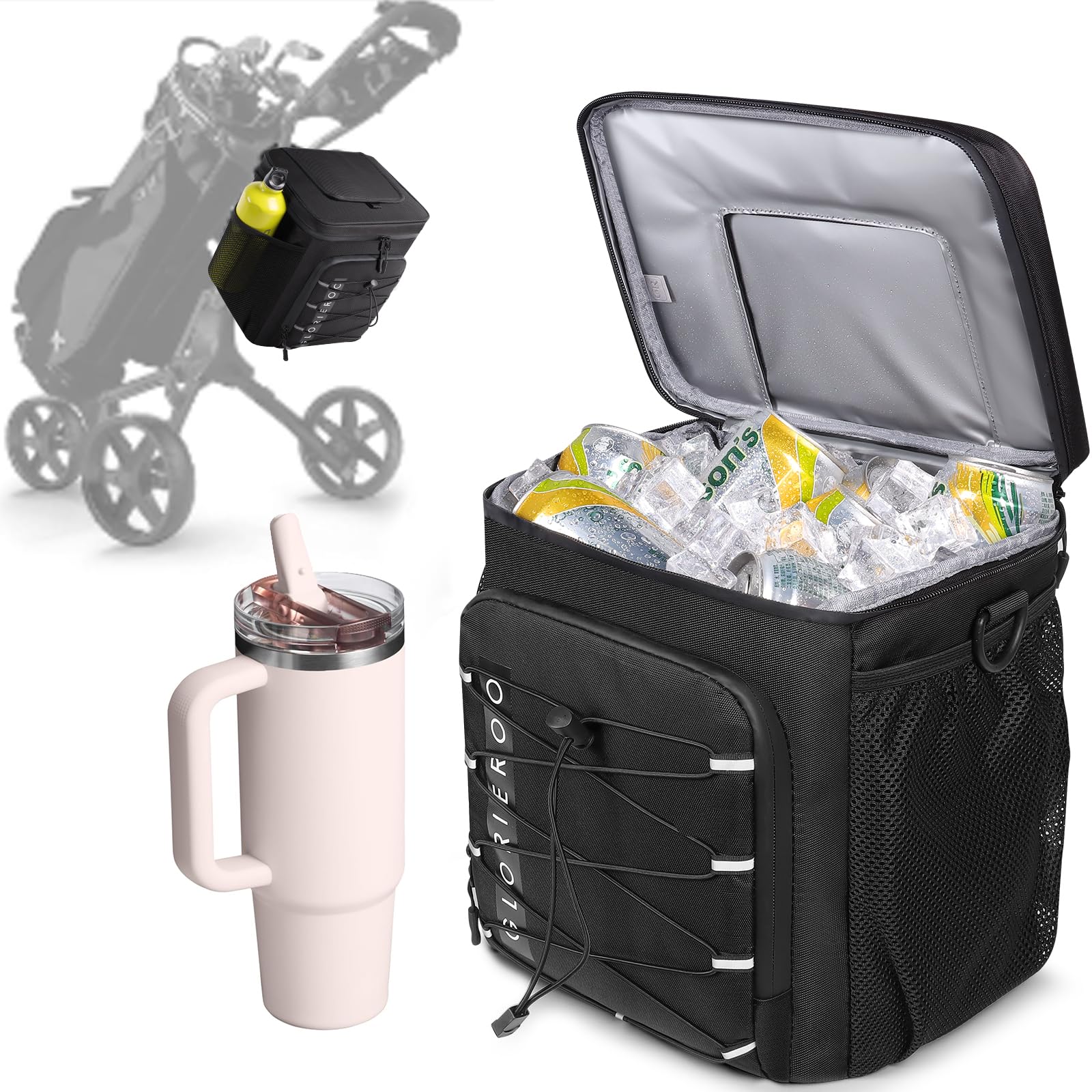 Golf Cart Cooler Bag Insulated - 12-Can Leakproof Soft Cooler Bag with Hook-and-Loop Lid, Waterproof Zippers, and Multi-Pockets for Accessories; Fits