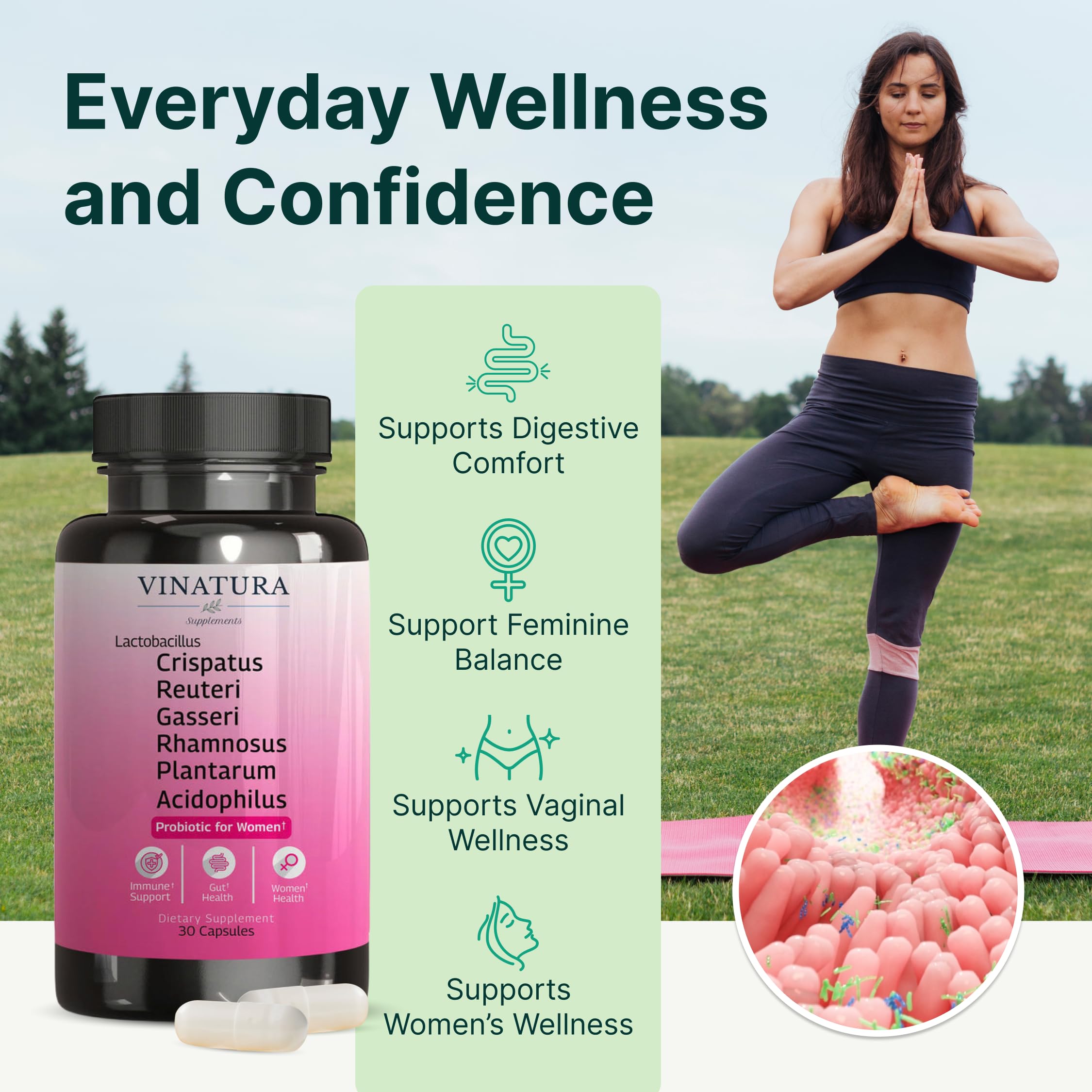VINATURA Lactobacillus Rhamnosus, Reuteri, Gasseri, Plantarum, Crispatus, Acidophilus Probiotics - Probiotics for Women *USA Made & Tested* Women Vaginal Health, Gut and Digestive Health - 30 Capsules