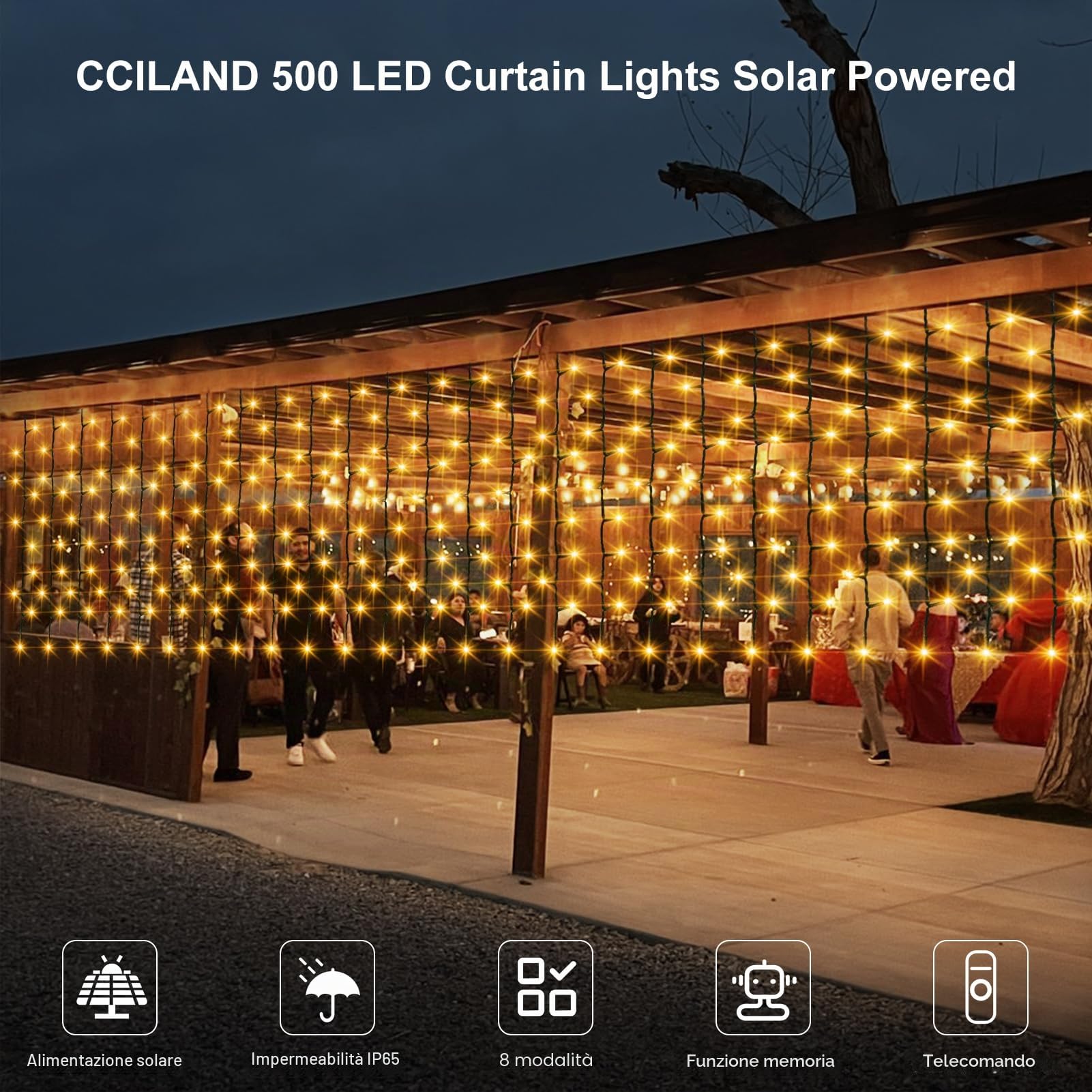 Tenda solare con luci 10 m x 1 m, 500 LED, con telecomando 8 modalità | Filo verde con luci per tenda da giardino, patio, recinzione, gazebo, decorazione (bianco caldo)