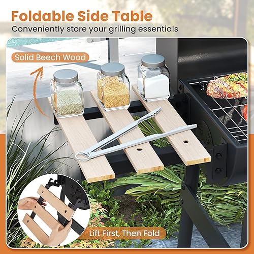 Miniatura 6 de Giantex Parrilla de carbón portátil con mesa auxiliar plegable, parrilla para ahumar barbacoa al aire libre con ruedas, termómetro, ventilación de