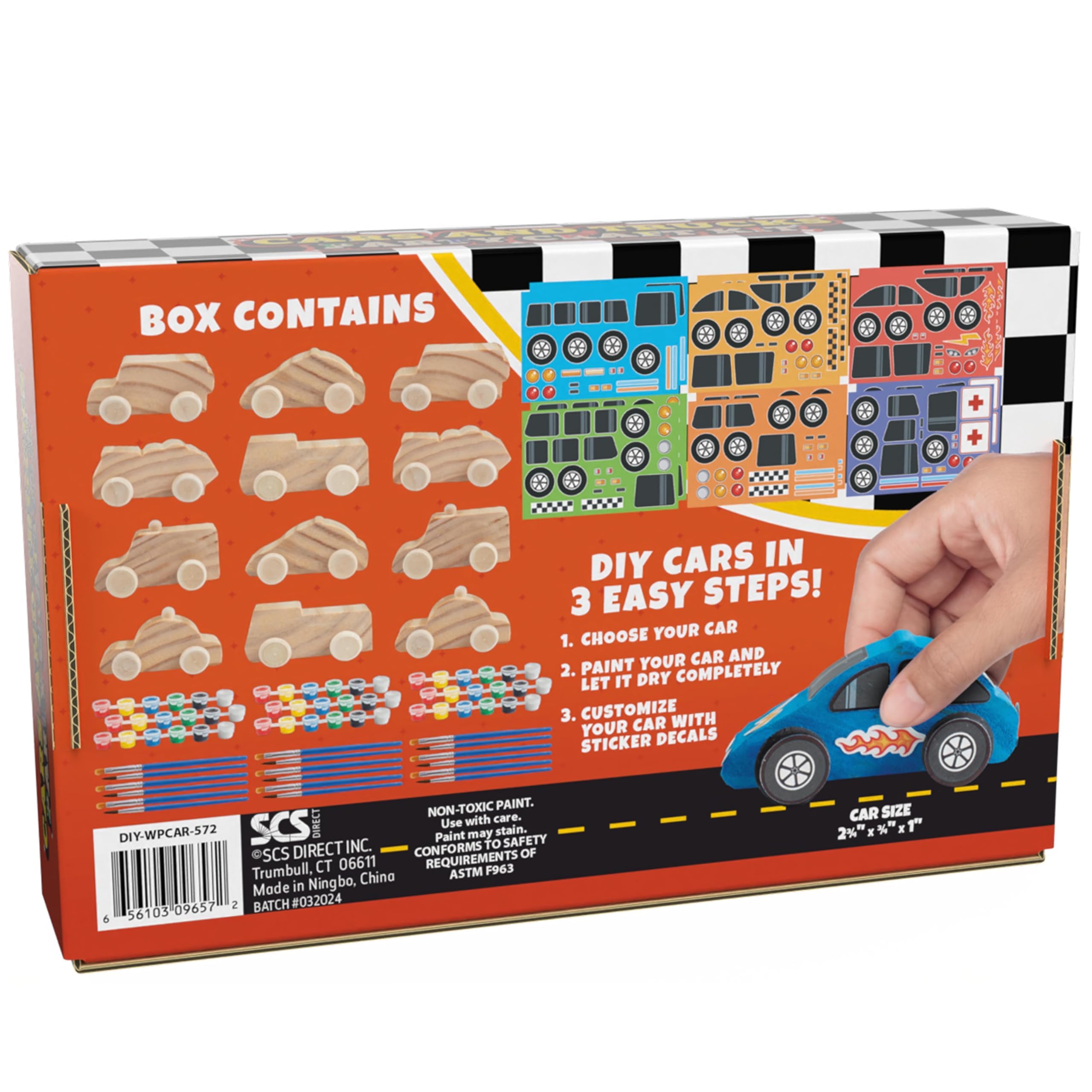 Kit de peinture sur bois pour enfants (12 carats) Voitures 3D – Chaque kit a son propre pinceau, peinture et figurine – 6 motifs incluent taxi, camions et plus avec autocollants personnalisables en