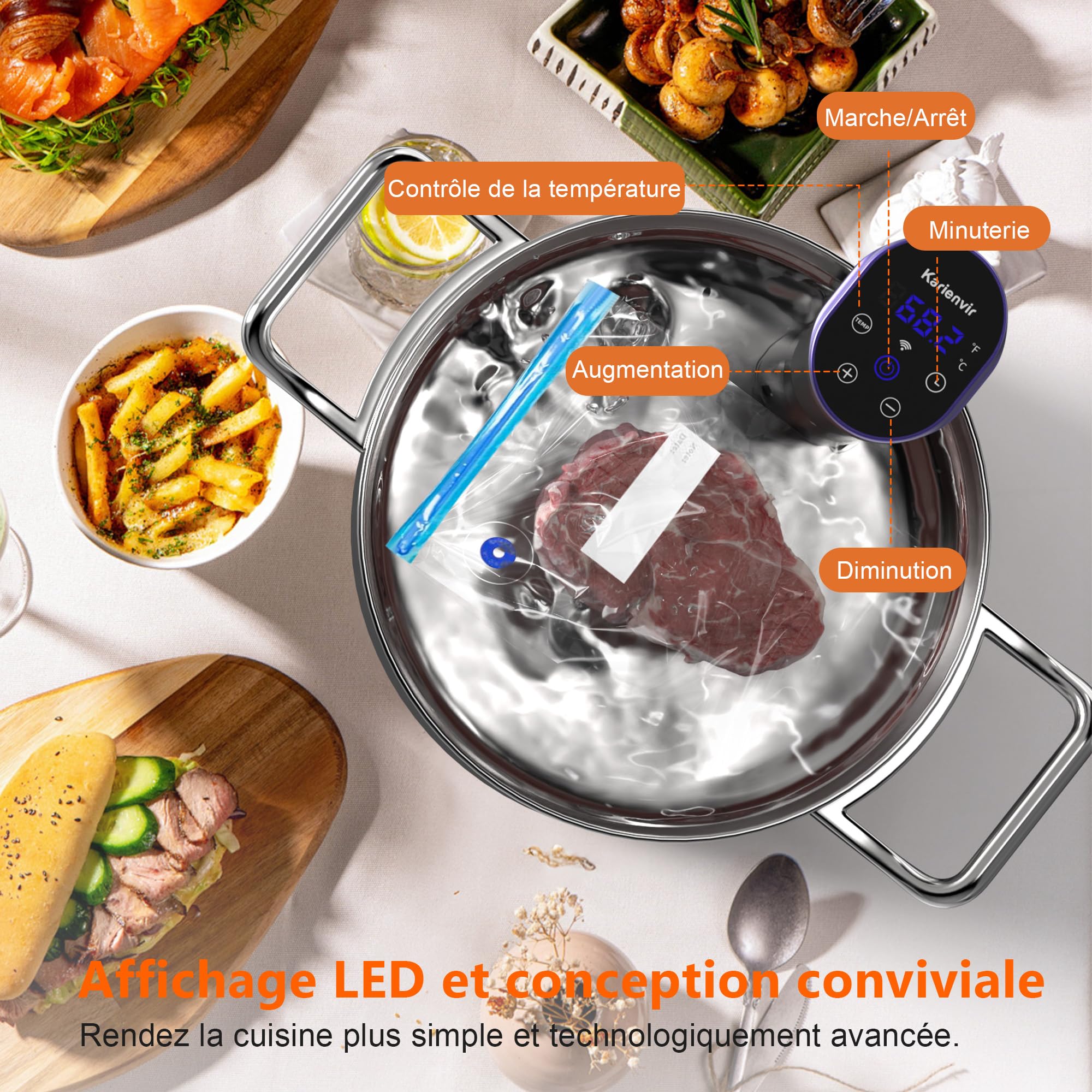 Cuiseur Sous Vide, Imperméable à l'eau,Calculateur dImmersion Cuisinière, Thermostat Réglable Contrôle Précis de la Température, Écran Tactile LCD 10 à 90℃