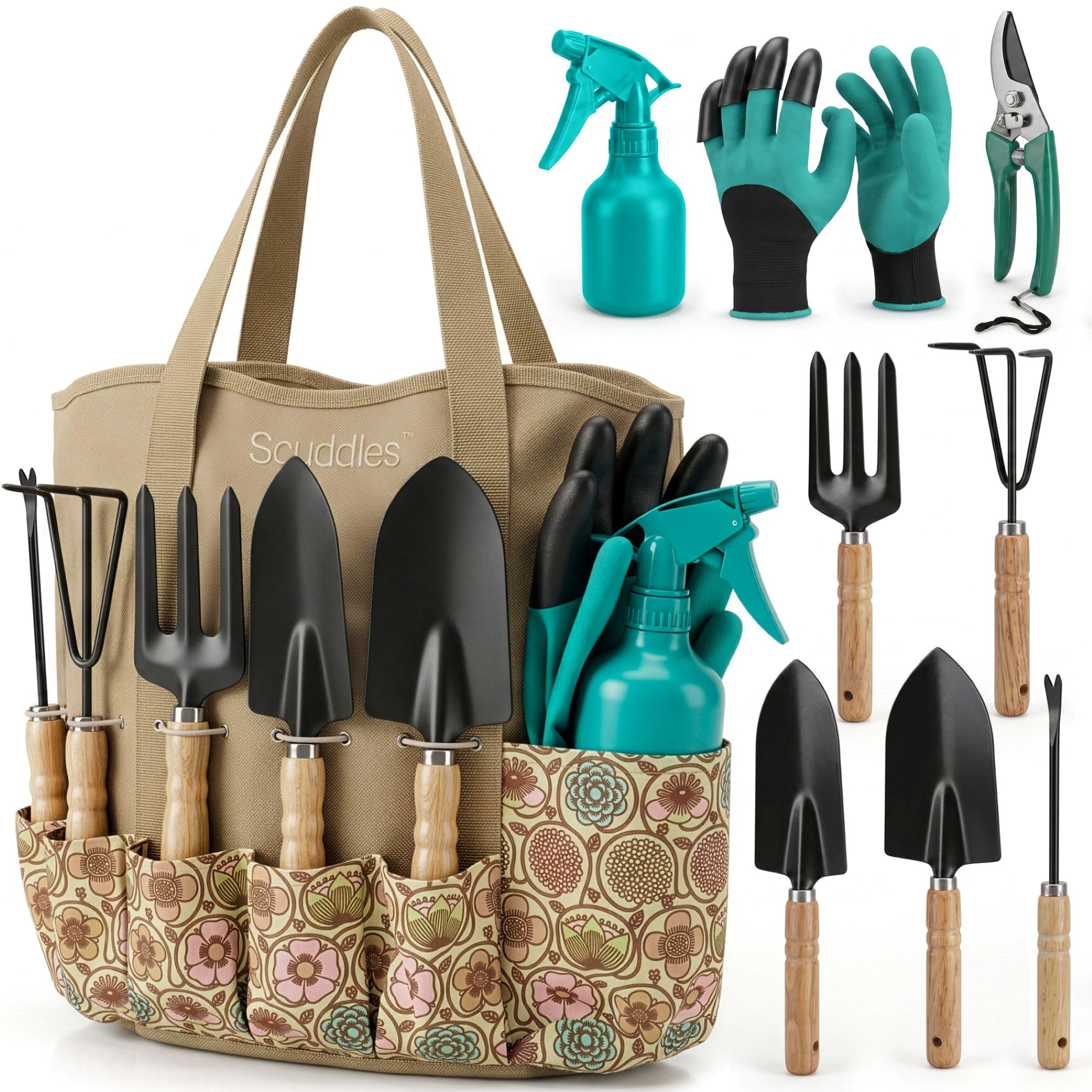 Scuddles 8-Piece Garden Tool Set with Carry Bag, Heavy Duty Tools, 2.2 lbs