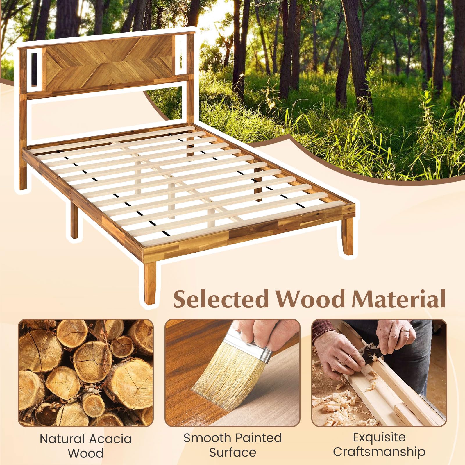 Giantex Full Size Acacia Wood Platform Bed Frame, Mid-Century Modern Bed Frame with Headboard, Wooden Slats Support, Under-Bed Space, No Box Spring Needed, Easy Assembly, Caramel: Full Hollowed Art Deco