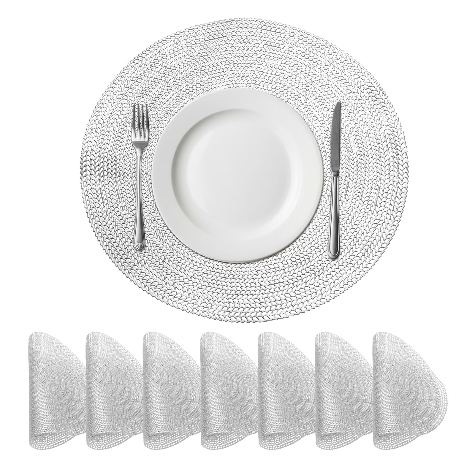 sourcing map Silver Round Placemats Set of 8 for Dinner Tables, Metallic Polyvinyl Pressed Placemats Washable Table Mats for Dinner Table Decor (15" x 15"/38 x 38cm)