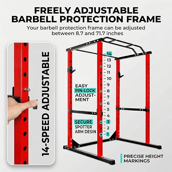 Power Gym Cage with Protection Arm, 1200 Lbs Capacitys Adjustable Squat Power Rack, 44.3 x 45.6 x 81.5 Inch, 14.0 sq.ft Footprint Fitness Comprehensive Power Cage for Home Gym