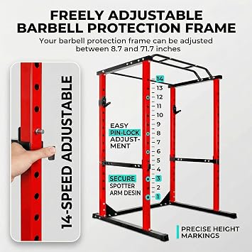 Power Gym Cage with Protection Arm, 1200 Lbs Capacitys Adjustable Squat Power Rack, 44.3 x 45.6 x 81.5 Inch, 14.0 sq.ft Footprint Fitness Comprehensive Power Cage for Home Gym