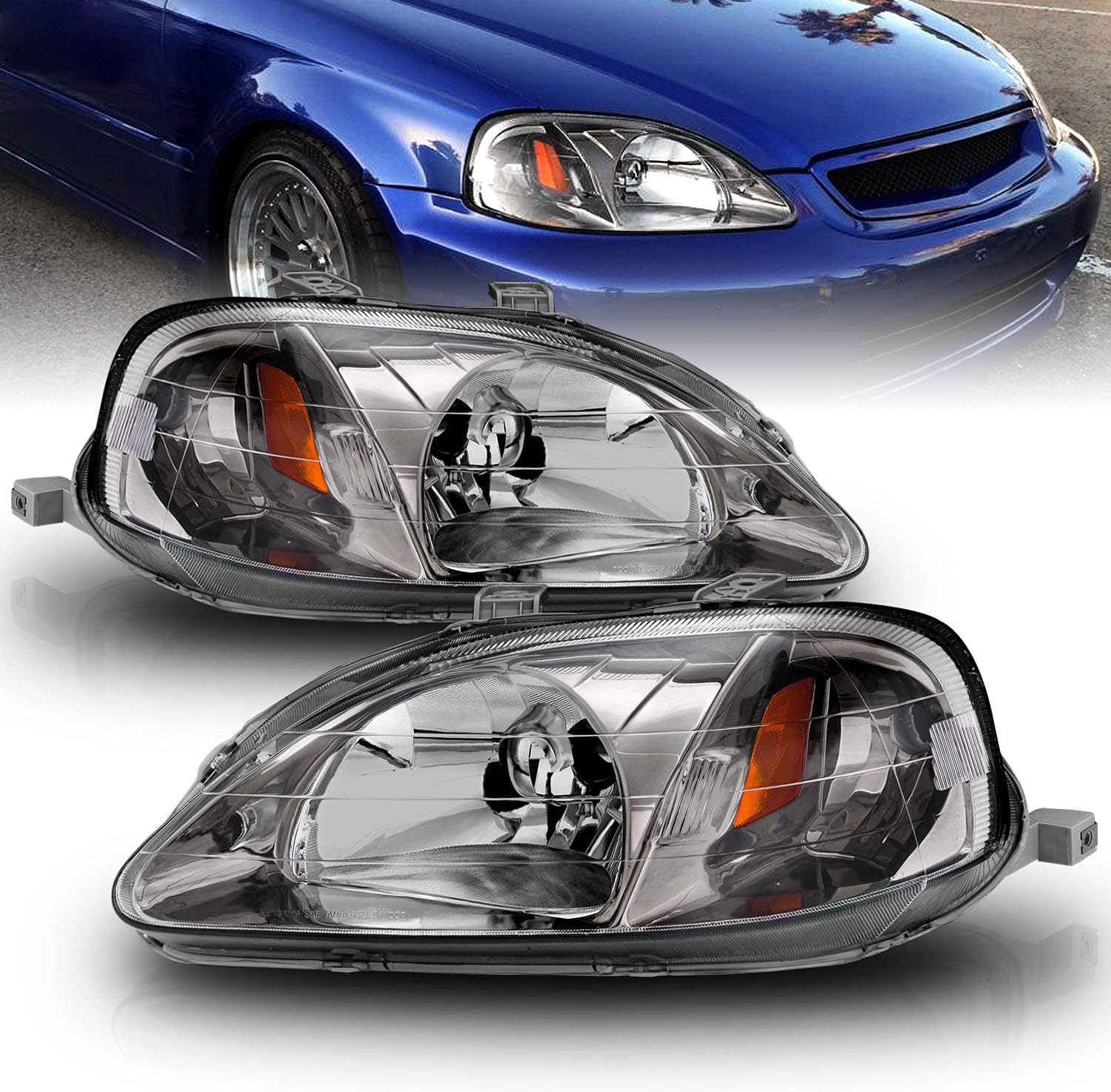 Gun Metal OE Replacement Headlights Set For 1999-2000 Honda Civic - Passenger and Driver Side