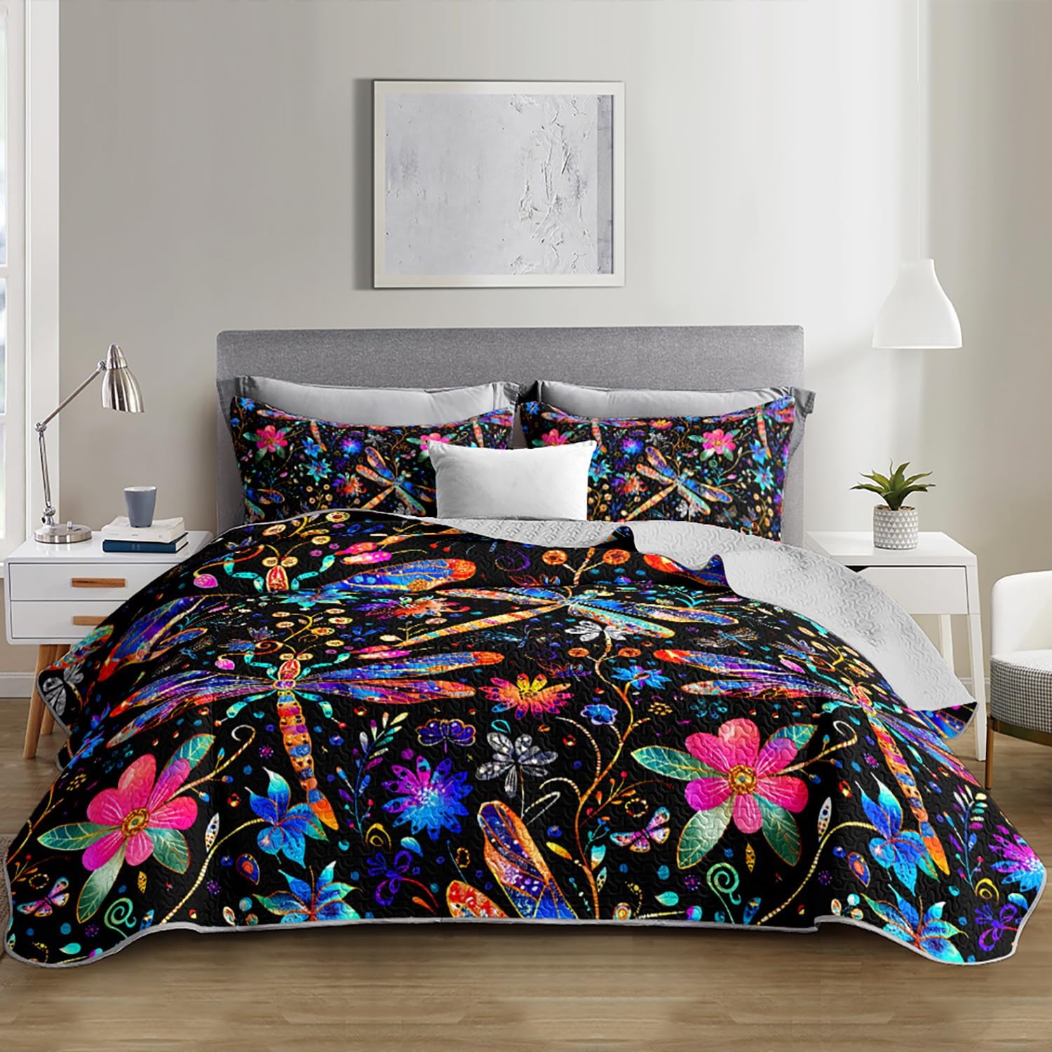 Colorful Dragonfly Quilted Quilt Sets,Exotic Bohemian Flower Bedding Set for Kids Boys Girls Room Aesthetics Decor,Soft Lightweight Twin Size Quilt Set 3 Pieces with 2 Pillowcases.