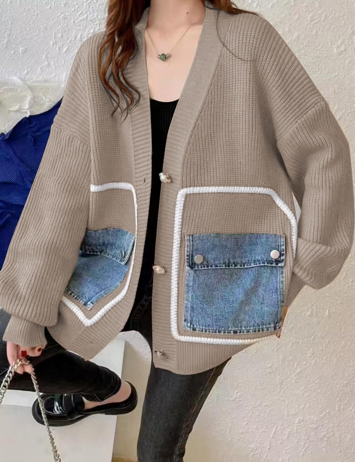 Women's 2025 Fall Open Front Sweater Cardigan Chunky Button Up Long Sleeve Knit Sweater Jacket with Pockets - Image 3