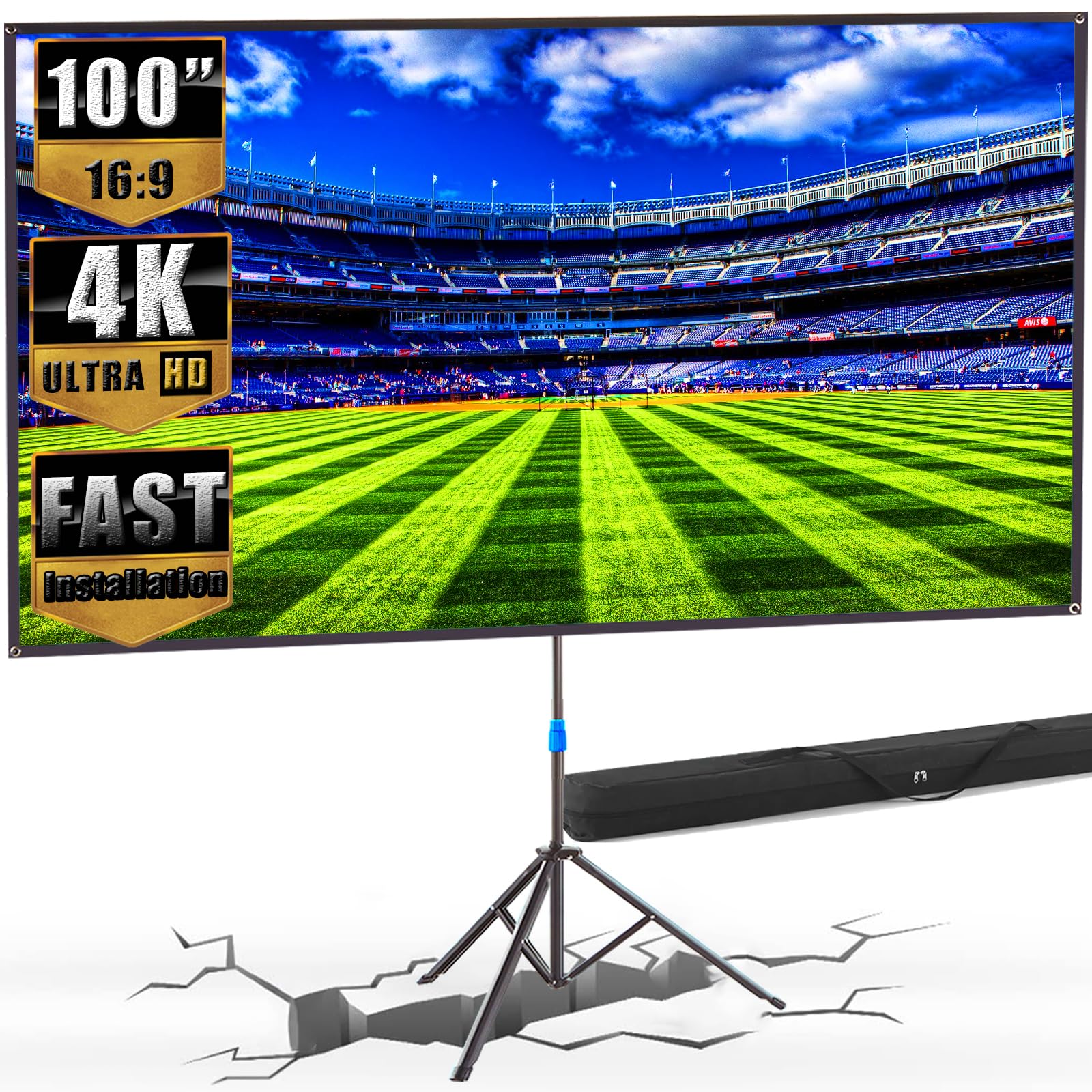2 Minutes Set Up Projector Screen with Stand, 100-inch (1.2Gain, 16:9, 160°Viewing Angle&Carry Bag) Outdoor Indoor Projection Screen,Wrinkle-Free Design for Home Theater Backyard Movie Night