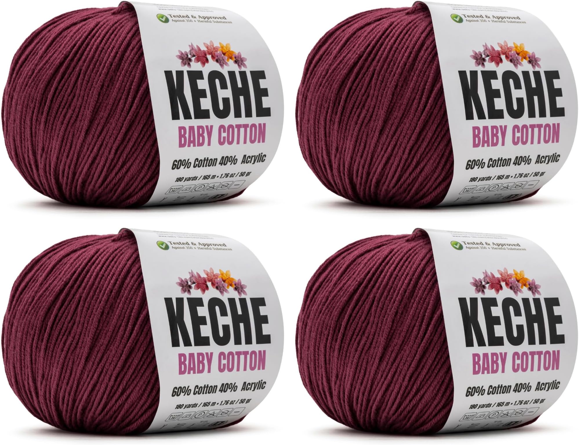 Keche Cotton Yarn, 60% Cotton 40% Acrylic Yarn, Soft Cotton Yarn for Crochet and Knitting, Amigurumi Yarn 4 Skeins/Balls [1.76 Oz (50g) / 180 Yrds (165m)] x 4 - Claret Red