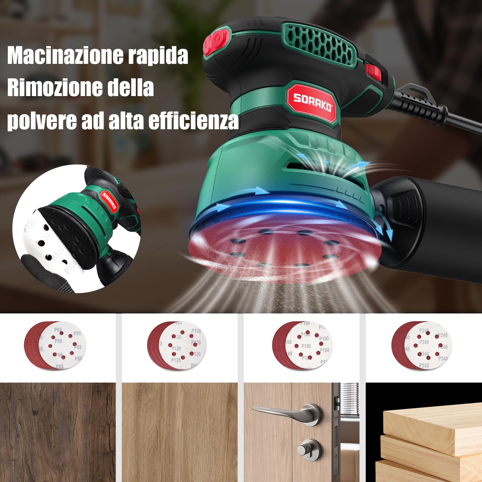 SORAKO Lijadora orbital aleatoria 350W 125mm,6 velocidades, 16 hojas de lija, sistema de extracción de polvo y freno rápido,Para carpintería y proyectos de bricolaje