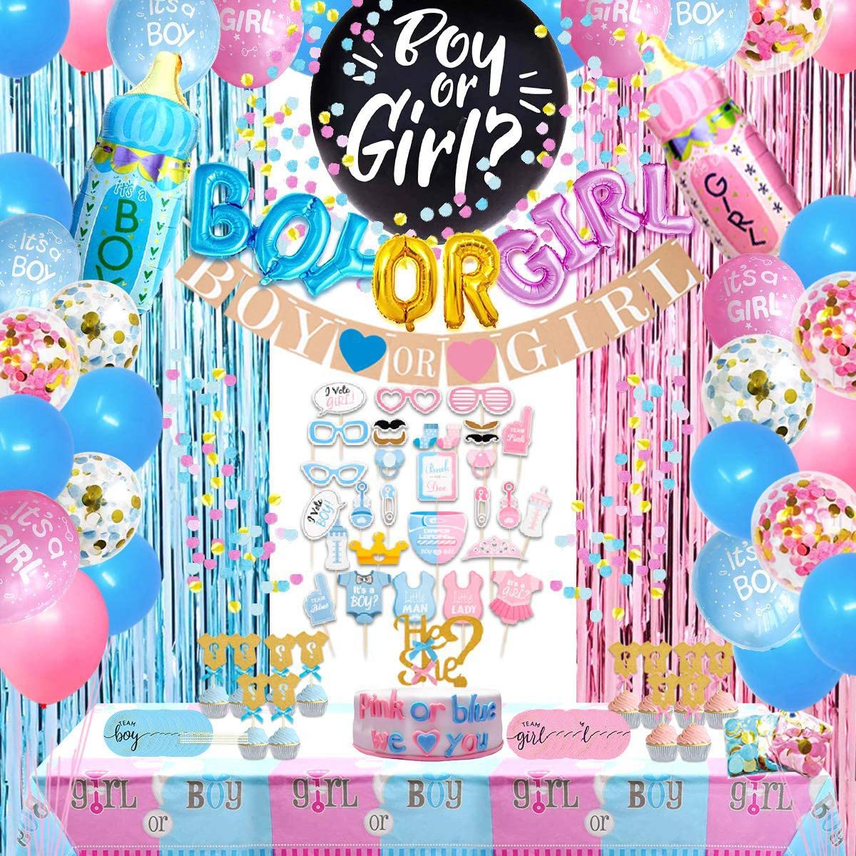 Beauenty Gender Reveal Party Supplies Pack - 105 Pieces Gender Reveal Decorations | 36” Gender Reveal Balloon Boy OR Girl Banner | Foil Latex Balloons | Mummy To Be Belt / Sex Revealing Props (B)