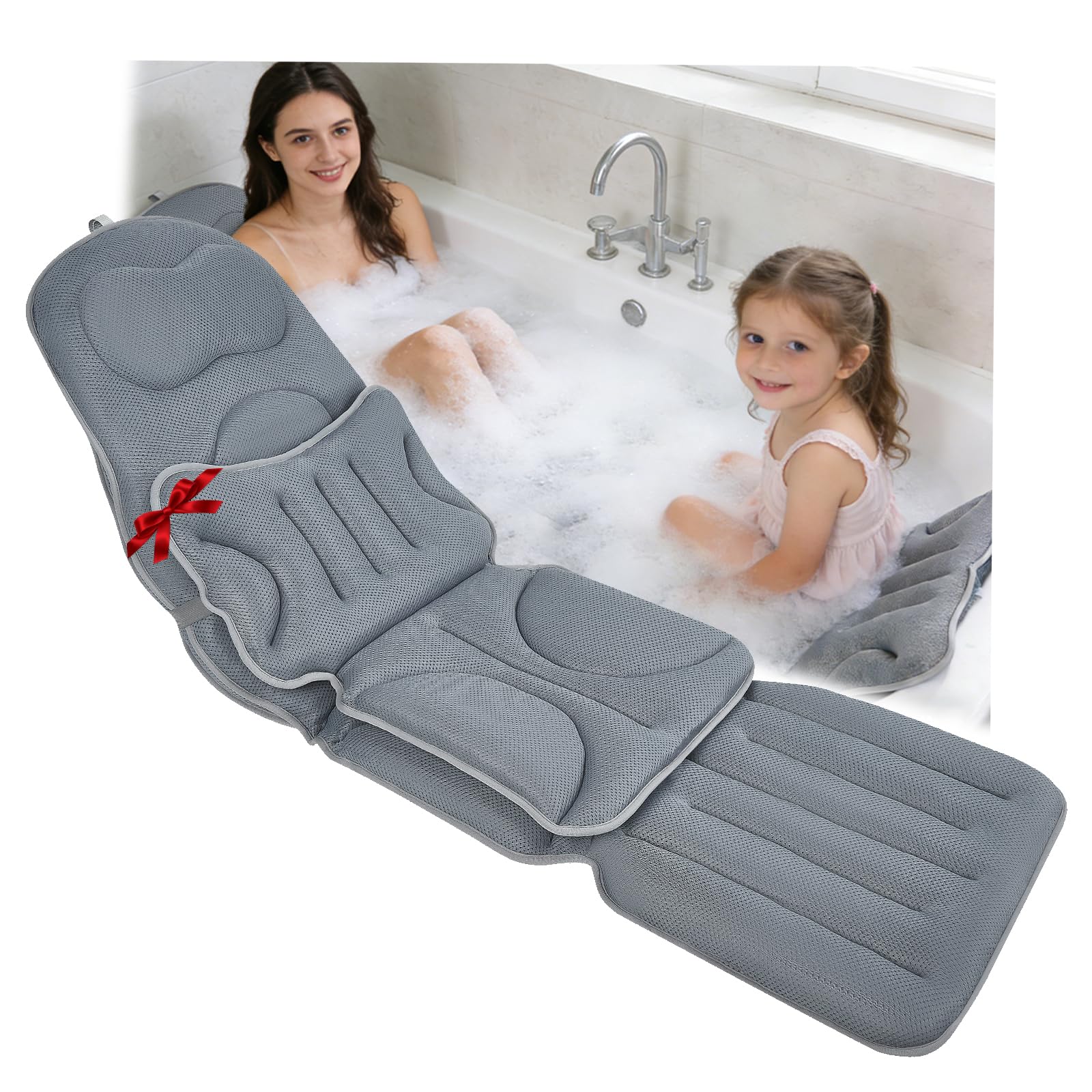 2 In 1 Badewannenkissen Ganzkörper 139 * 45cm+69 * 45cm,Mit Abnehmbares Kinderbadekissen,Mit Saugnäpfebad Anti-Rutsch,Unterstützt Nacken,Rücken,Beine,Badewannenmatte Mit Kissen Für Home Spa