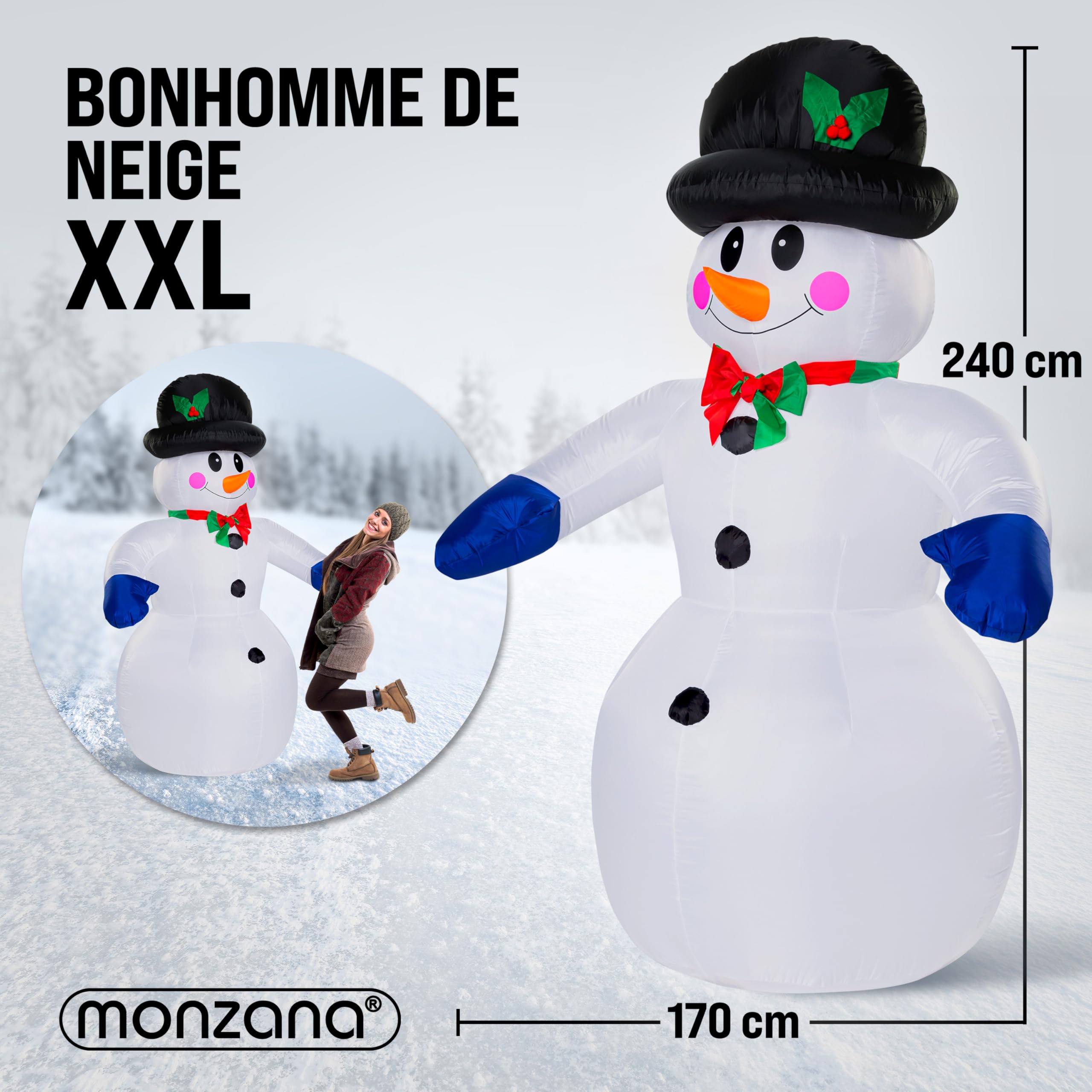 MONZANA® Bonhomme de neige gonflable 240 cm XXL décoration lumineuse Noël matériel fixation extérieur personnage figurine Noël fête autogonflant
