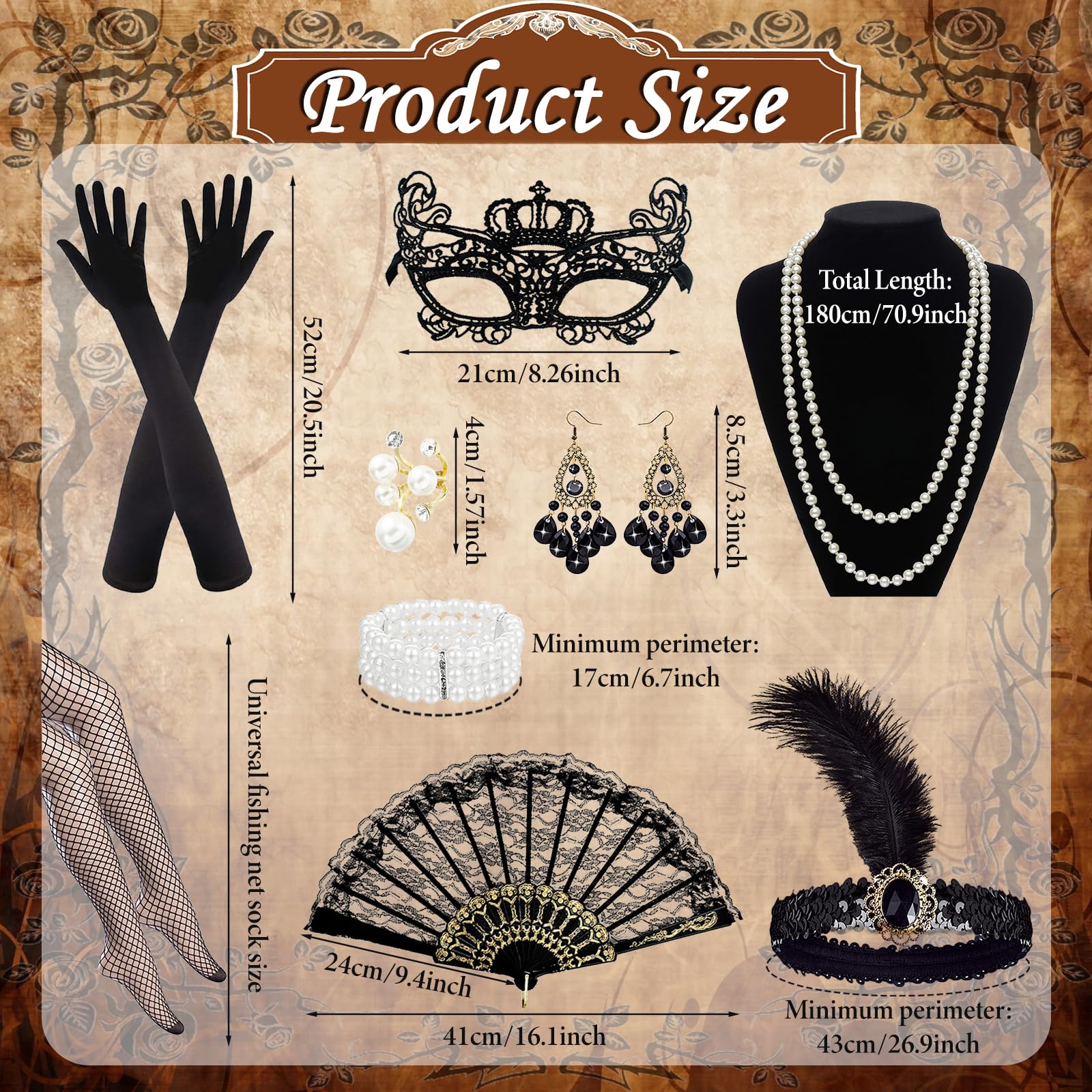 Sekepingo 1920s Accessories for Women Great Gatsby Flapper Shawl with Sequins 8 Pieces Accessories Set Peaky Blinders Costume with Headband Gloves Necklace Earrings Lace Fan for Party Black+Gold - Image 2