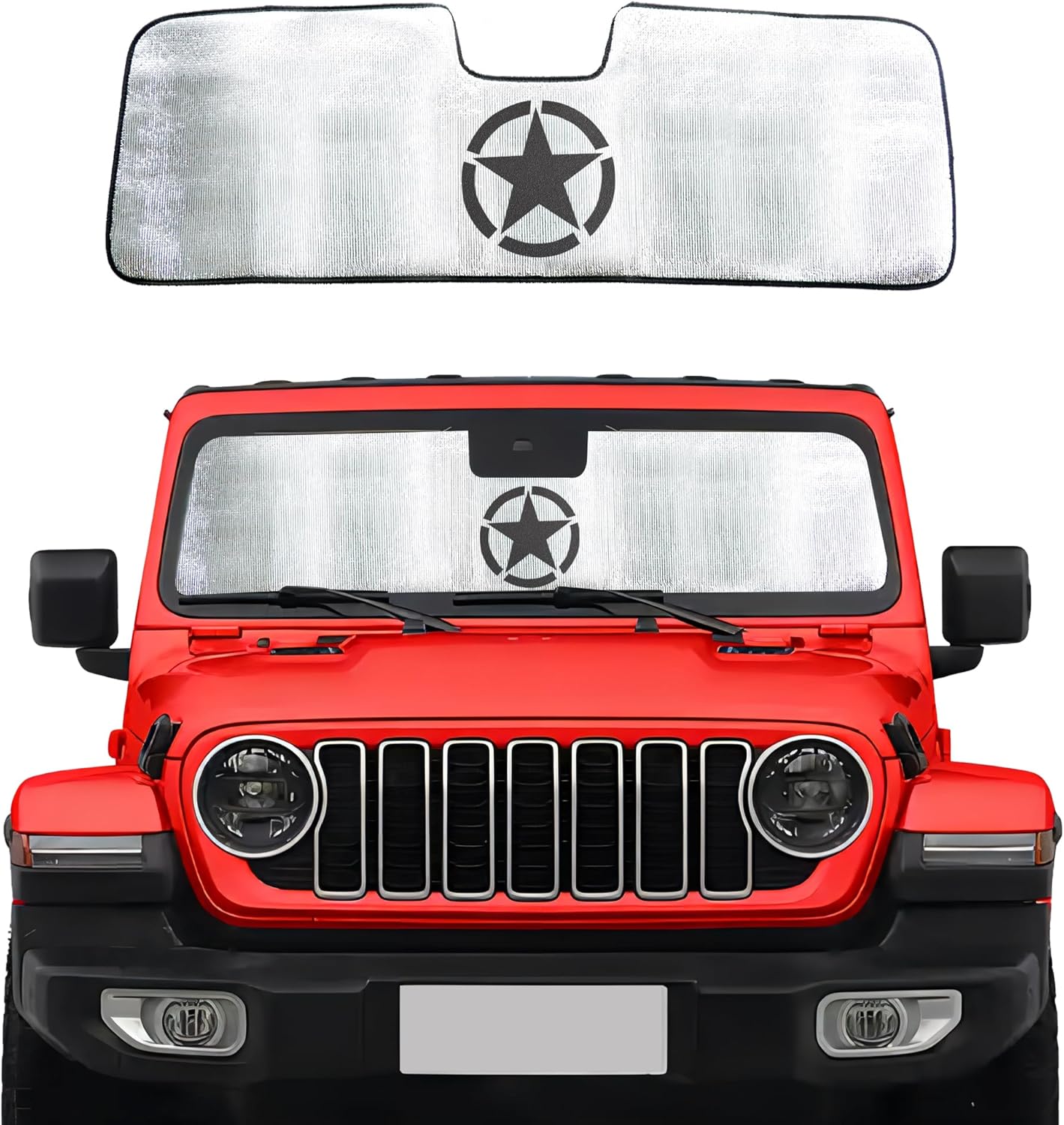 Windshield Sunshade Compatible with 2024 2025 Jeep Wrangler JL 2/4Door Accessories Front Window Sun Shade Full Cover, Aluminum Foil Heat UV Protection Visor Accessories, Star