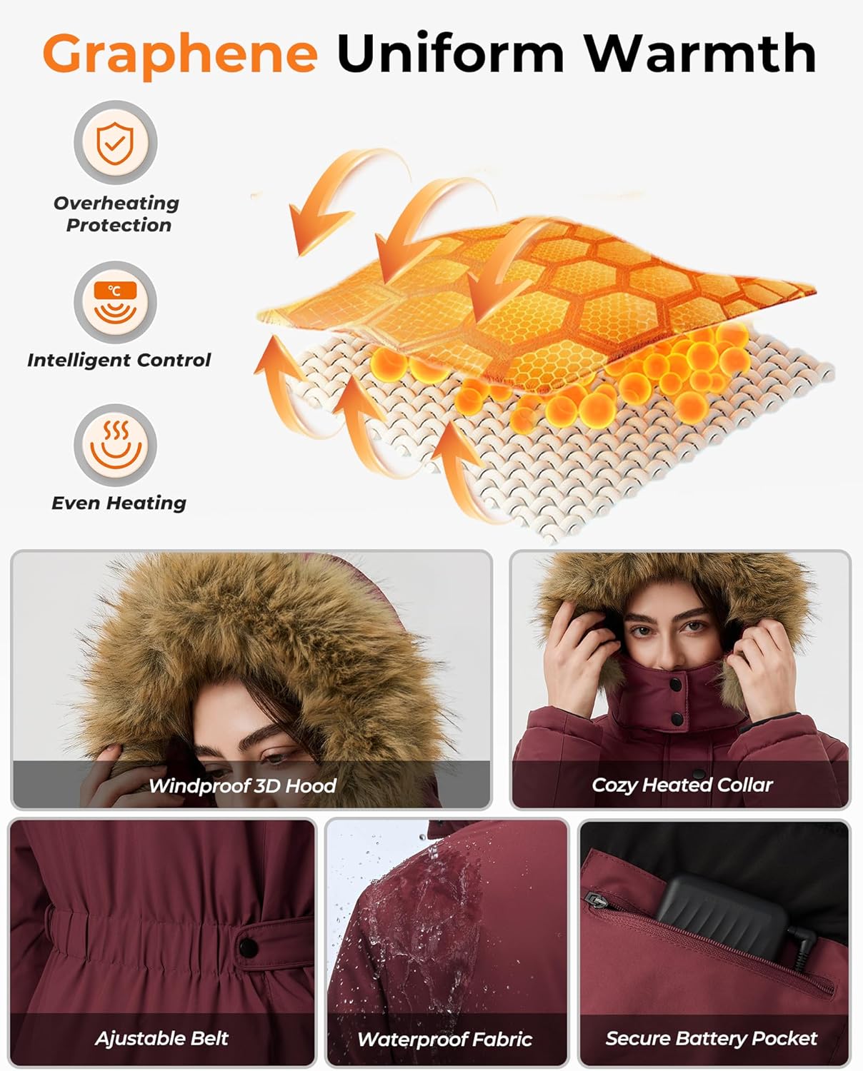 Graphene Long Heated Jacket for Women with 18400mAh 12V Battery Pack, Womens Parka Coat with Faux Fur Detachable Hood - Image 6