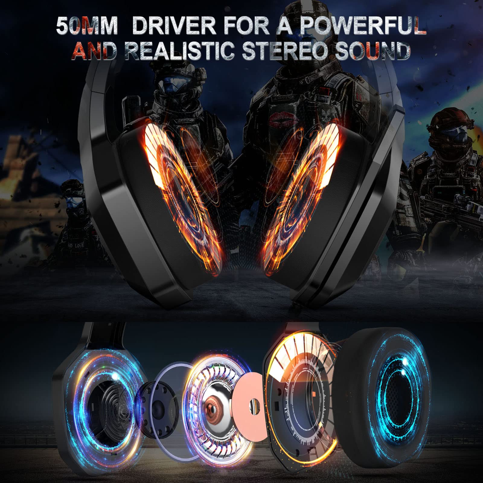 Eacam ONIKUMA K10 RGB-Gaming-Headset mit Mikrofon, Kabelgebundene Kopfhörer mit Geräuschunterdrückung für Computer-PC-Spieler, USB-Stecker, Bequeme Ohrmuscheln, Klarer Surround-So