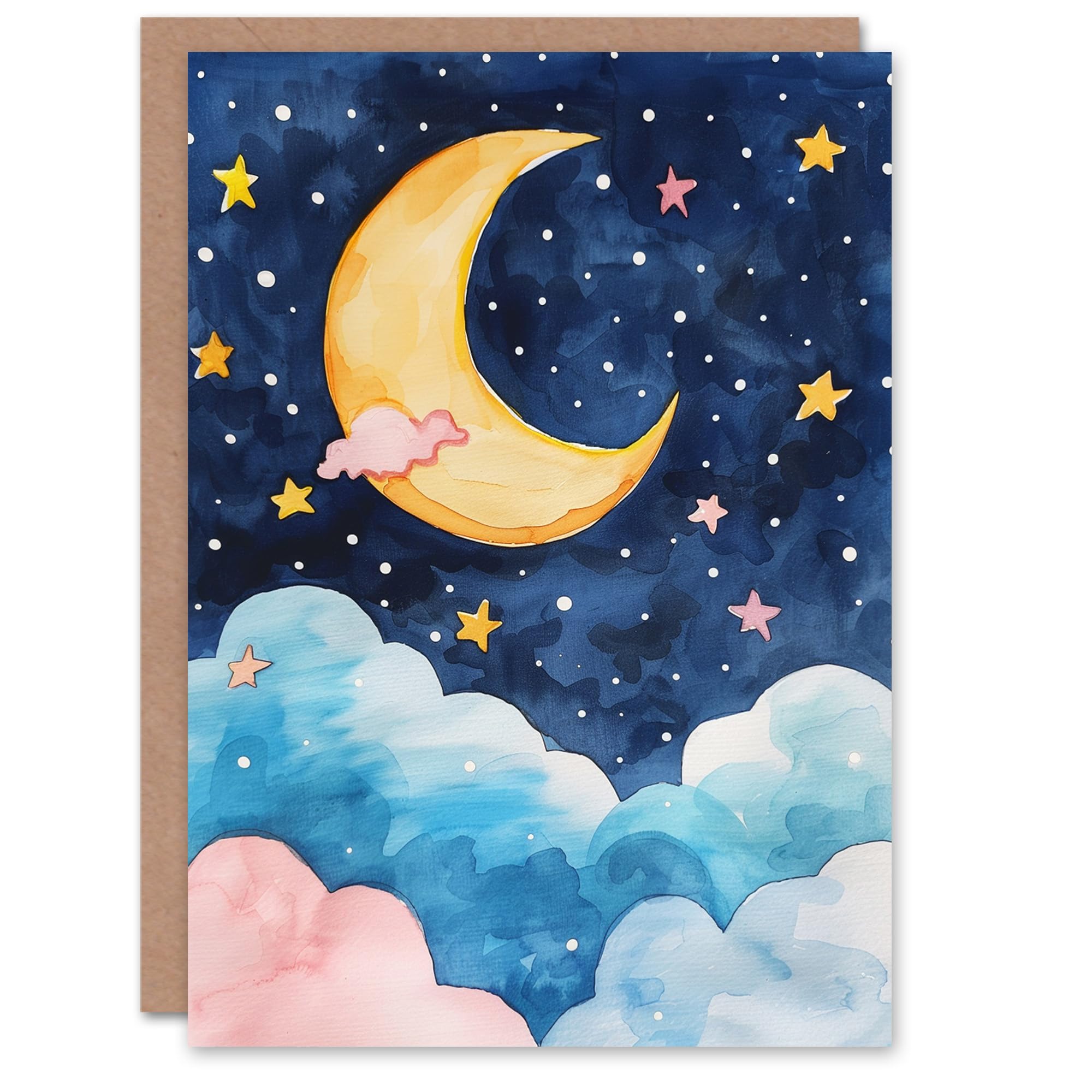 Artery8 Crescent Moon Stars Clouds Night Sky Watercolour Blank For Him Or Her Art Thank You Card