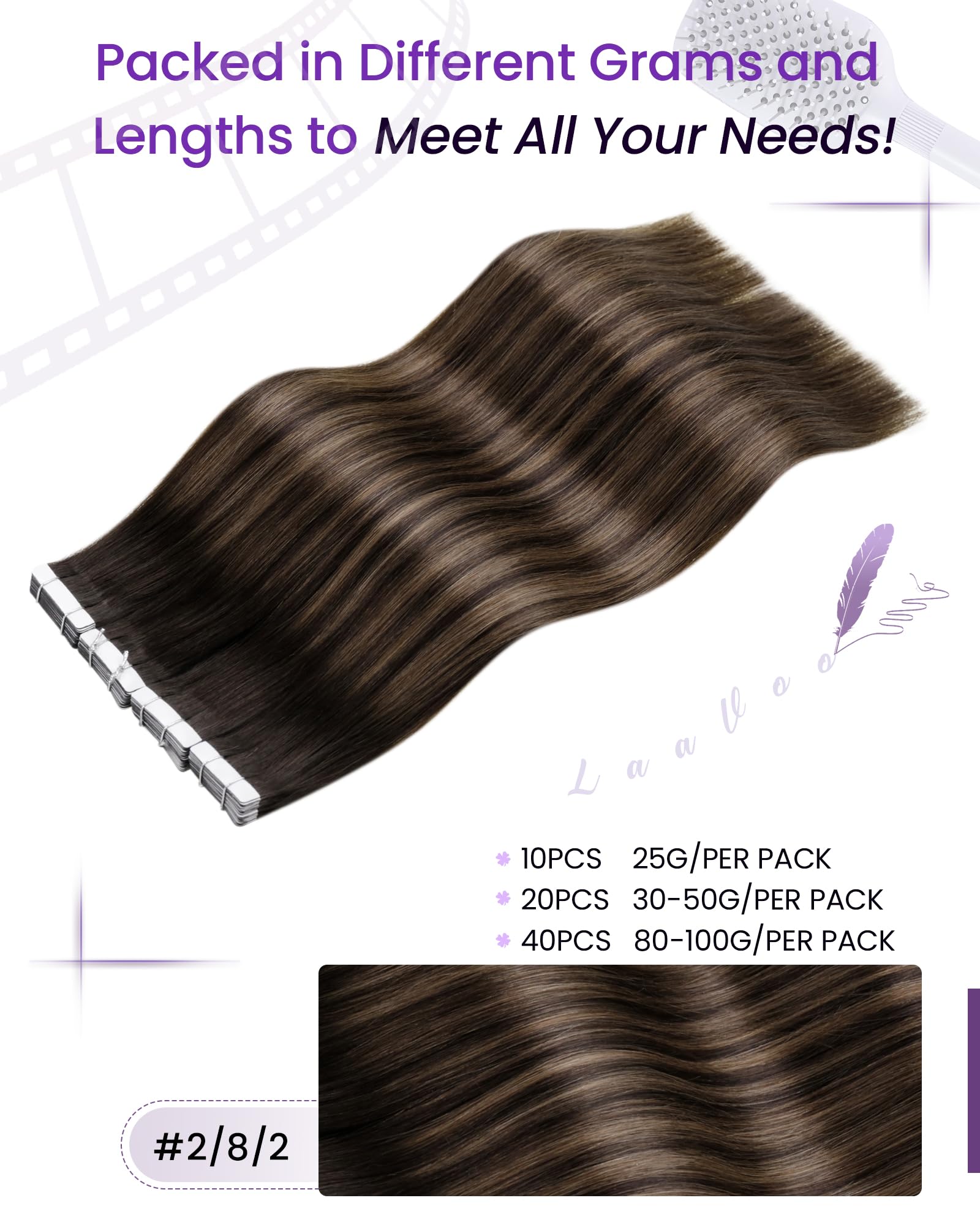 LaaVoo Tape in Hair Extensions Human Hair Dark Brown Tape Hair Extensions Real Human Hair 22 Inch Invisible Tapes Remy Straight Balayage Darkest Brown to Brown Hair Double Sided Tabs 20pcs 50g #2/8/2 - Image 4