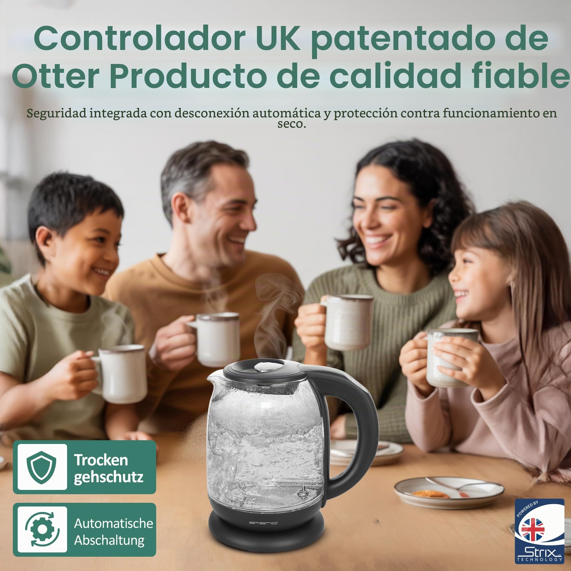 Emerio WK-119255 Hervidor De Agua Eléctrico Cristal, 2200 W, 1.7 litros, Acero Inoxidable, Transparente Negro [Clase de eficiencia energética A+]