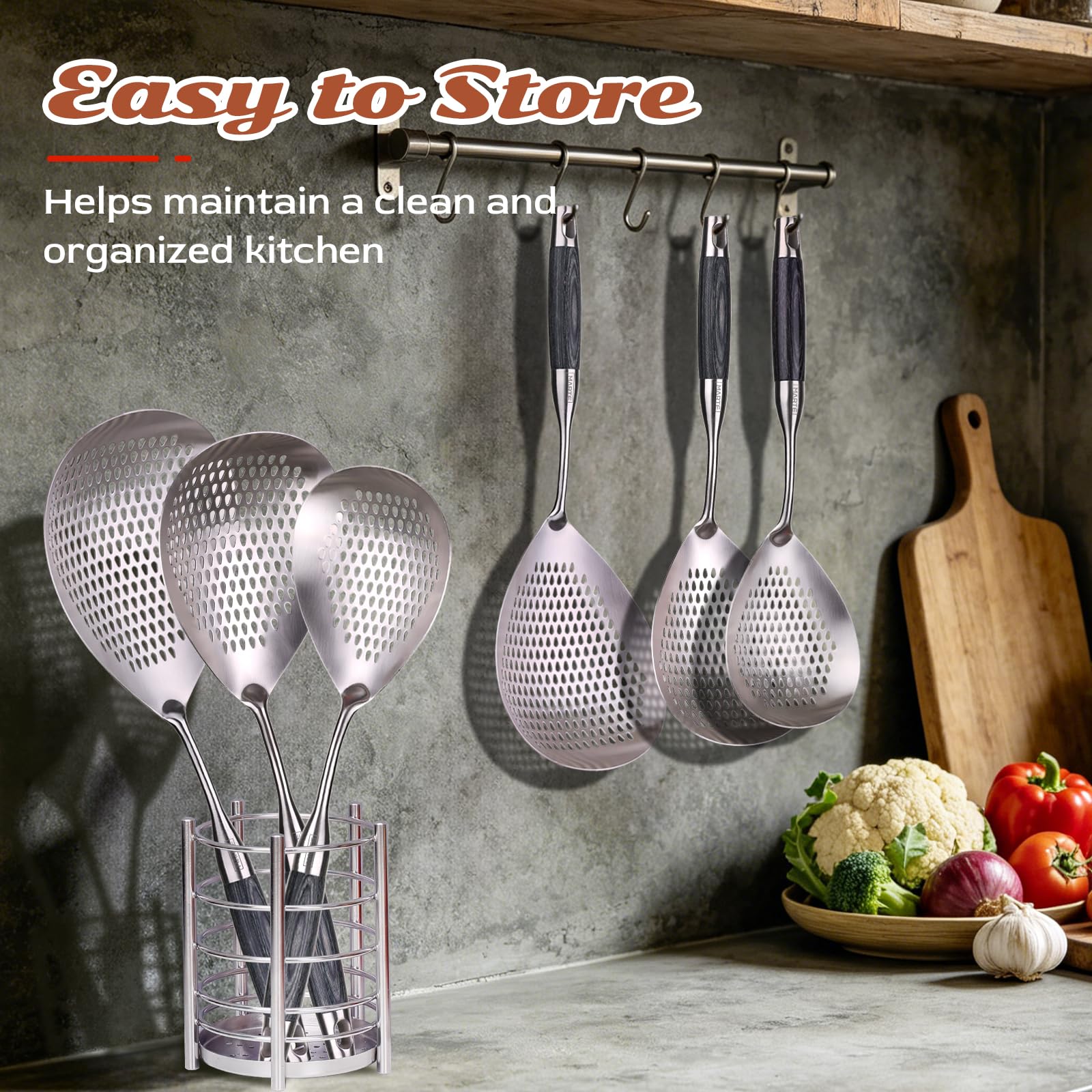 Skimmer - Juego de 4 cucharas ranuradas asiáticas, utensilios de cocina asiáticos, colador de araña, cuchara con soporte para freír alimentos, pasta, verduras, albóndigas, 14.8 pulgadas, 16.5