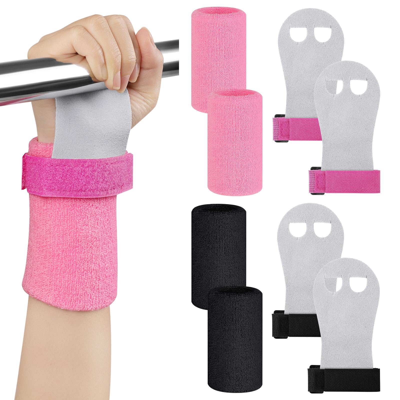 DiULi Gymnastics Hand Grips for Kids Boys with Wristbands, 2 Pairs Bar Grips for Gymnastics, Palm Protection Non Slip Grips for Youth Training, Pull Ups, Workout, Exercise & Yoga - Black + Pink- M โ image 1