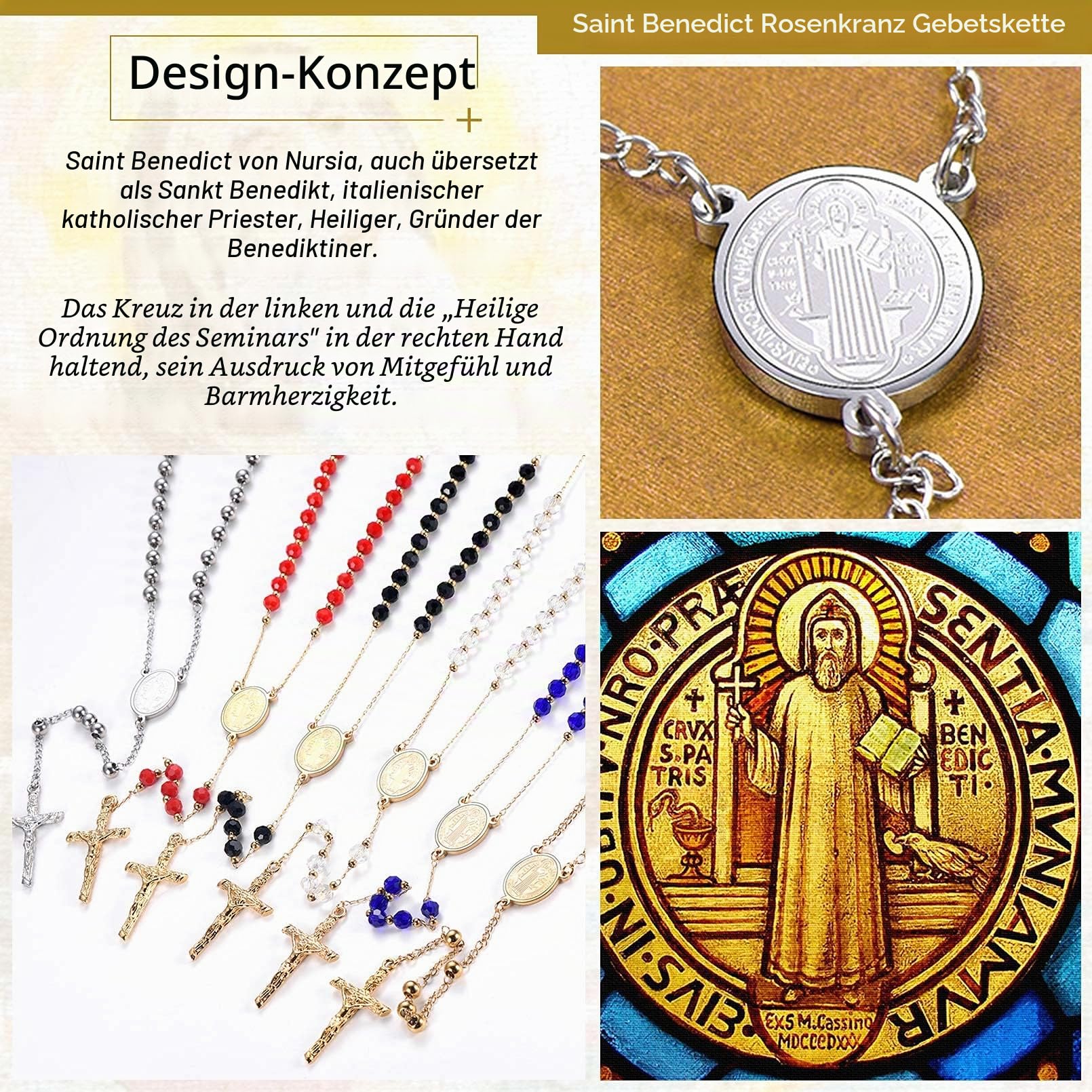 FaithHeart Rosenkranz Kette Damen Herren Kreuzkette Rosenkranzkette Edelstahl Halskette mit Benedikt von Nursia Medaille Gebetskette Lang Rosary Necklace Schutz Amulett Schmuck