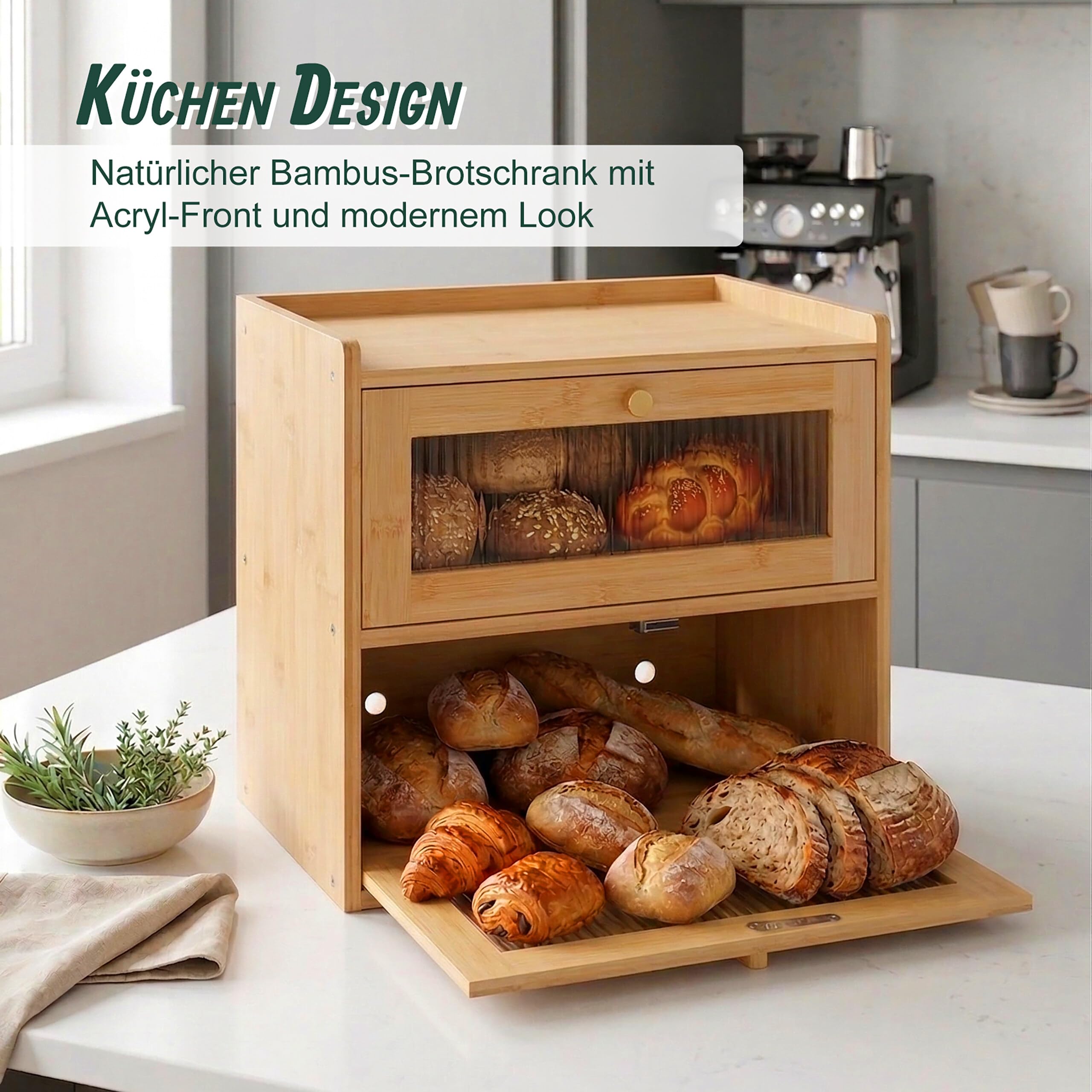 Relaxdays Brotkasten Bambus, 2 Etagen, Brotlade mit Sichtfenstern, Klapptüren, HBT: 34 x 36,5 x 24 cm, Brotbox, Natur