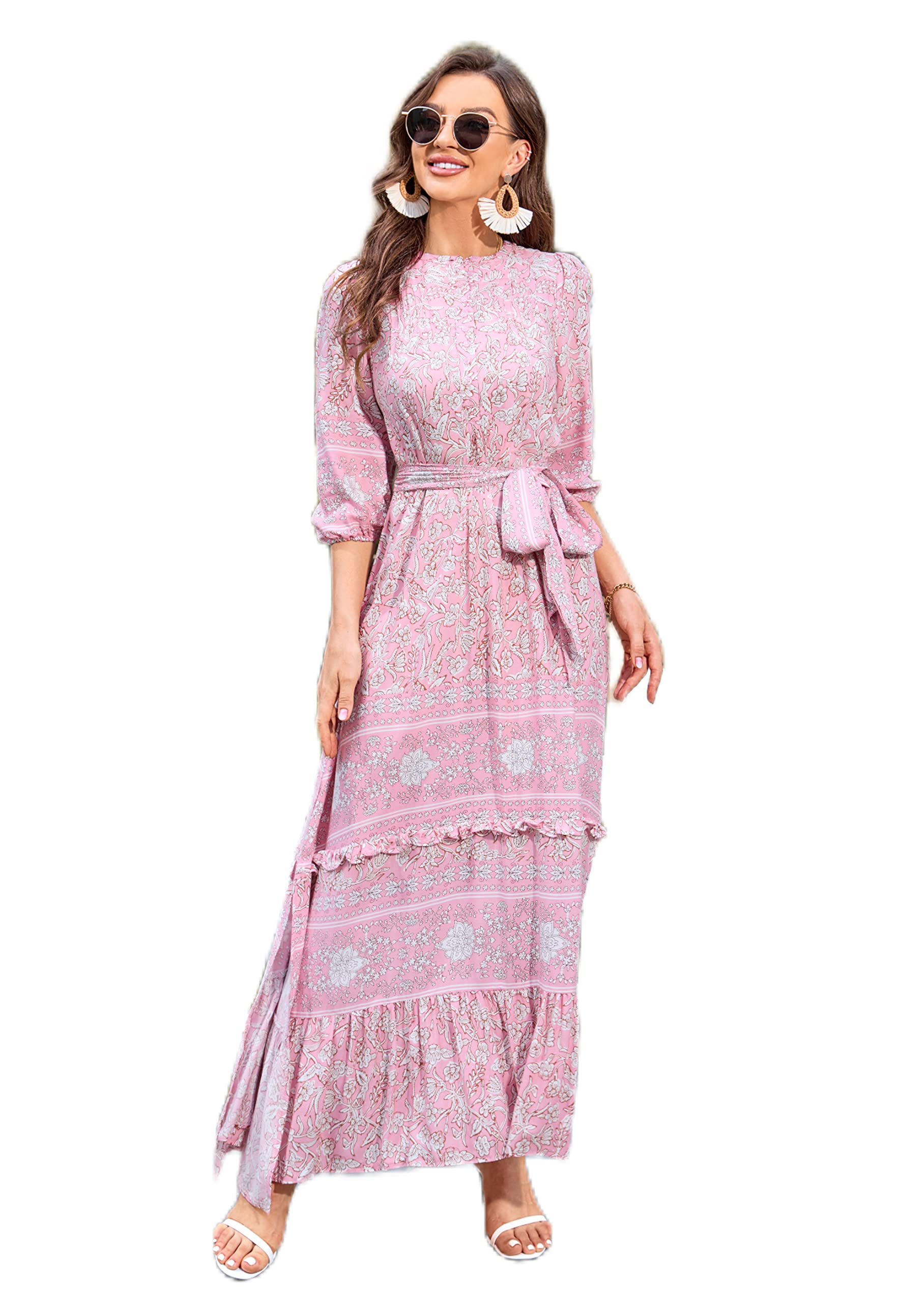 Women Boho High-Waist Floral Print Maxi Dress 3/4 Sleeve Casual | Soft Rayon, Breathable, Quick-Dry. High-Waist with Adjustable Belt, Flattering Hem. Ideal for Beach, Work &amp; Dating.