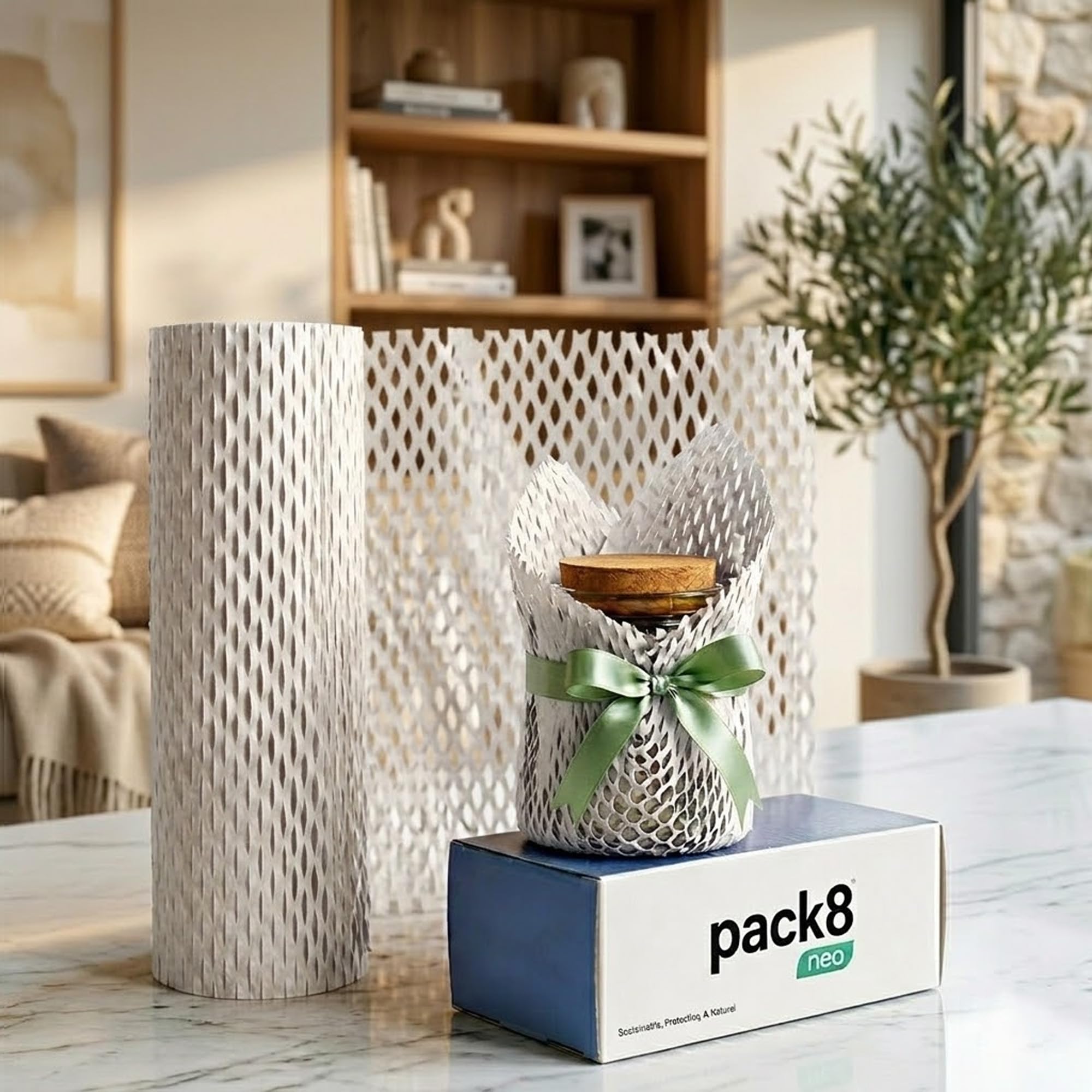 Pack8 Neo Honeycomb Sustainable Paper Packaging Roll (100meter, 12")|Eco-Friendly Brown paper bubble wrap cushioning for Breakables,Packing,Shipping, Gift|Expandable upto 40-50%, White