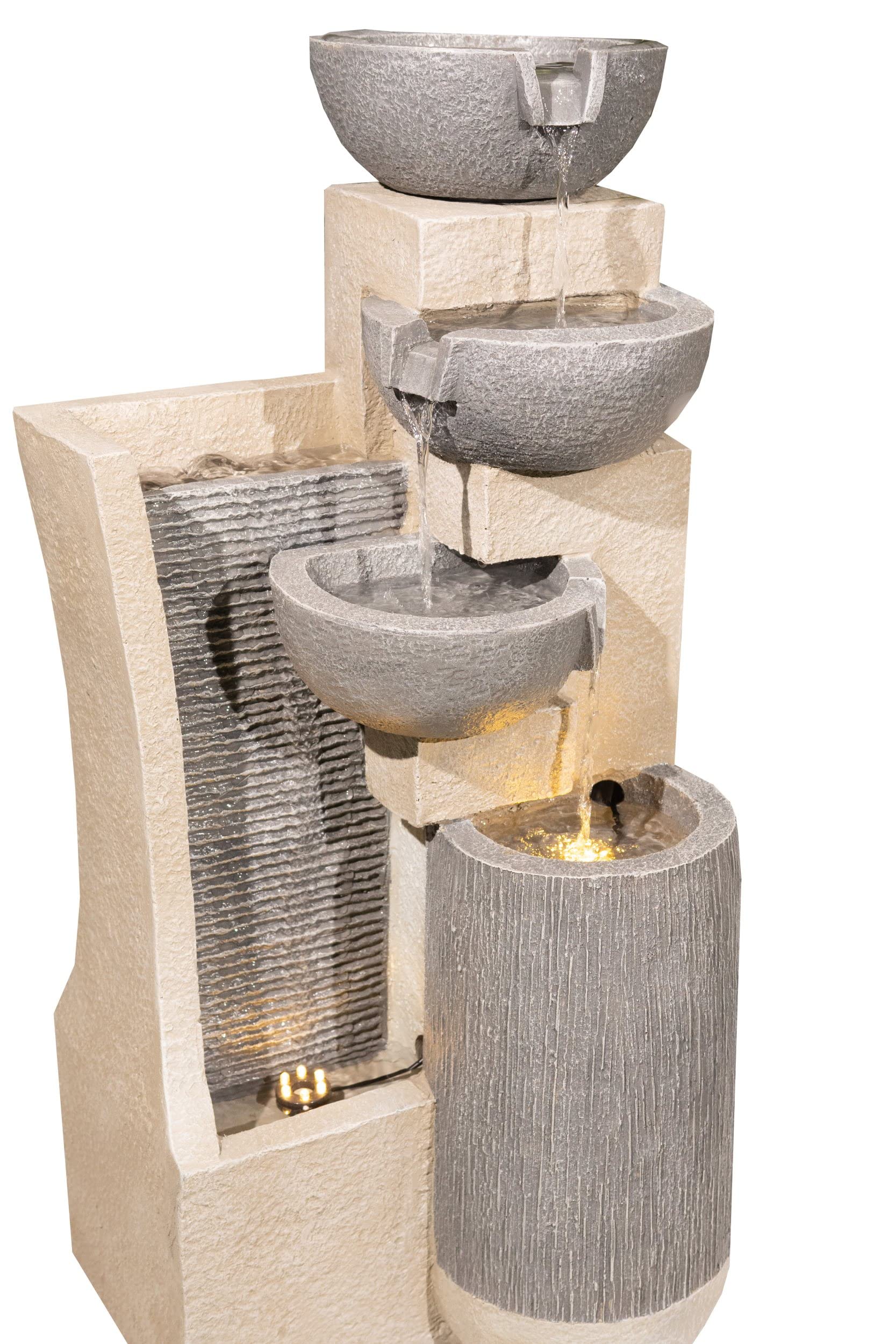 Serenity Garden Cascading Four Bowl and Wall Water Feature, Outdoor Self Contained Cascade Tipping Bowls Water Fountain with LED Lights, Freestanding Ornament Patio Decor, 75cm