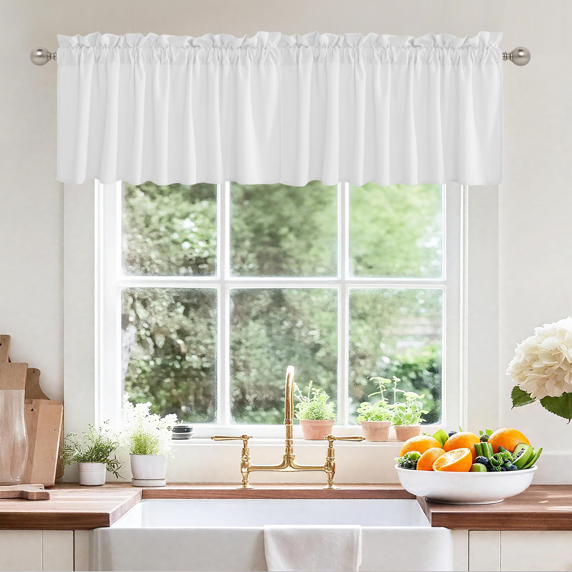 RYB HOME 2 Panels Valance Curtains for Small Window Treatment Faux Linen Weave Textured Light Filtering Swag Curtain for Kitchen Living Room, Rod Pocket, White, W 52 x L 18 inch