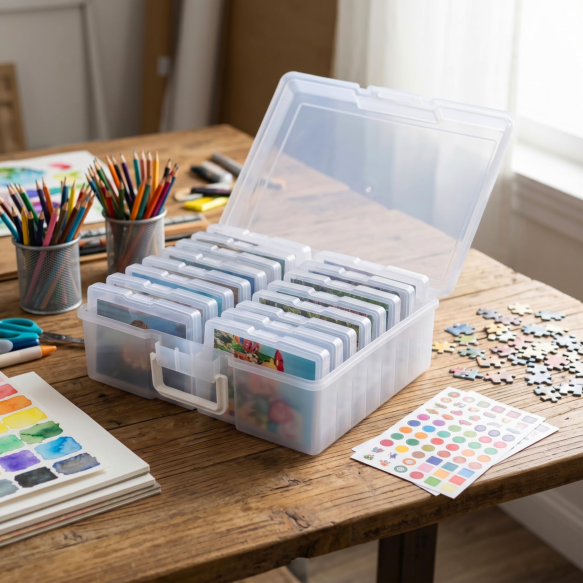 Fotobox Aufbewahrungsbox mit 16 Fächern, Foto Aufbewahrungsbox 38 x 31 x 13 cm transparent PP mit Griff Deckel, Foto Organizer Box für Fotos Karten Handwerk