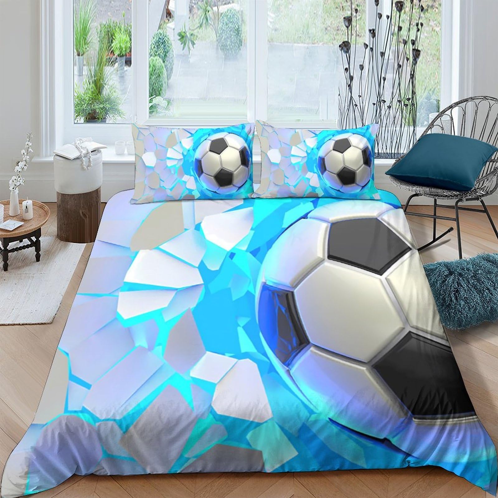 GPLZQXKJNH 3D Printed Football Pattern Duvet Cover Microfiber Soft Blue Soccer Bedding Set with 2 Pillowcases for Bedroom Home Decor Single（135x200cm）