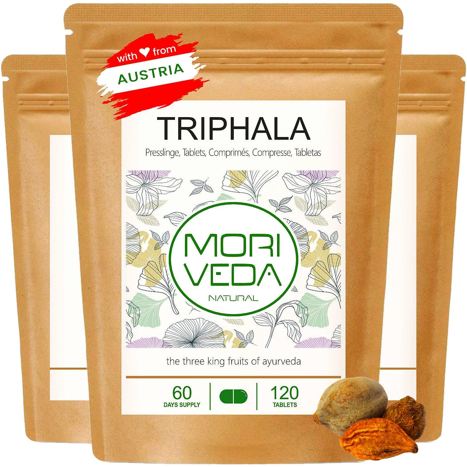 MoriVeda Triphala compresse 1000 mg, miscela ayurvedica di tre frutti composta da amla, haritaki e bibhitak, integratore vegetale vegano, 3x 120 compresse