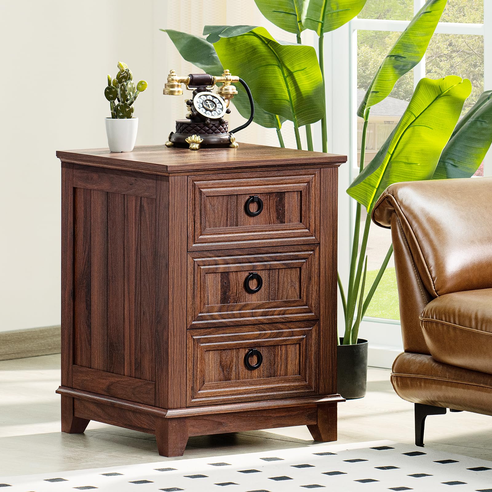 Joaxswe 18" Farmhouse Night Stand with 3 Drawers, Wood End Table Dresser for Bedroom, Retro Nightstand, Bed Side Table with Metal Handle, Bedside