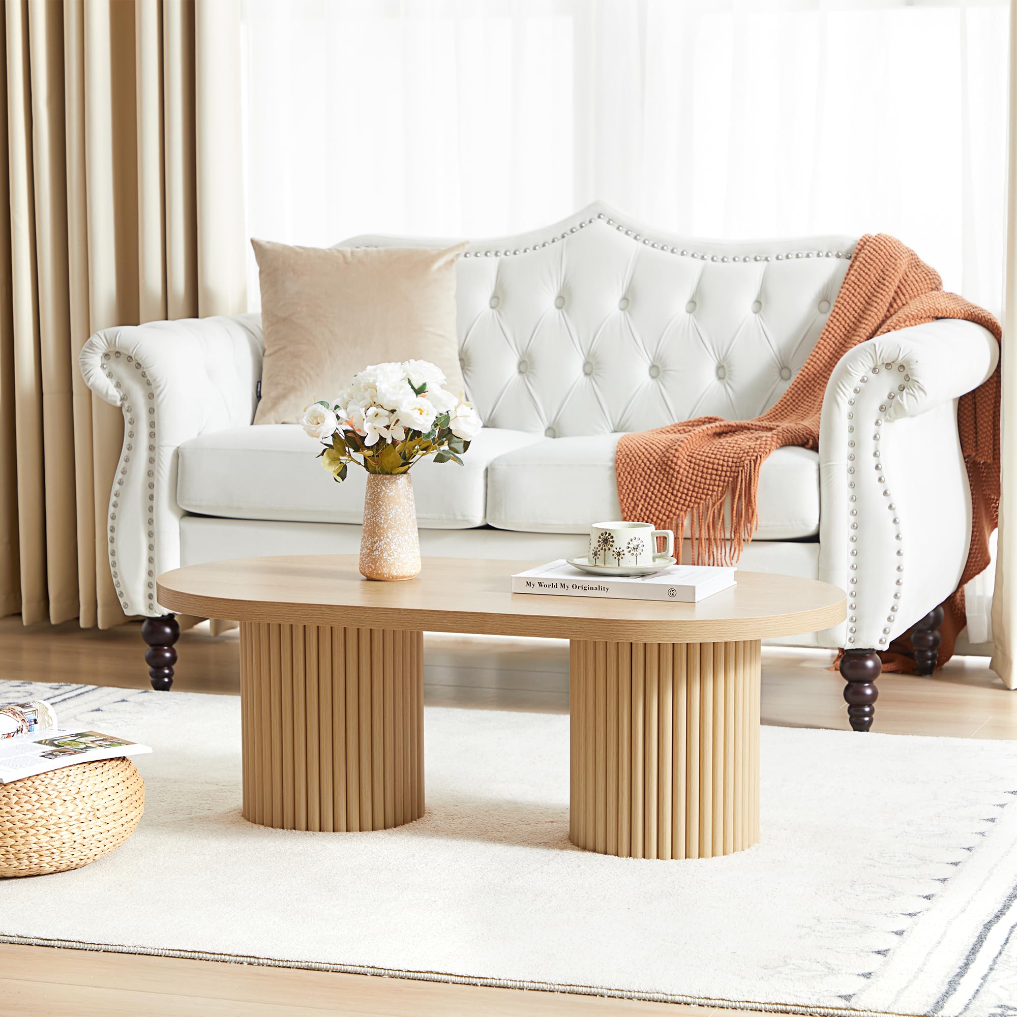 AVZEAR Fluted Oval Coffee Table for Living Room, Boho Modern Coffee Table with Fluted Legs, Curved Round Wood Center Table for Home, Small Spaces,