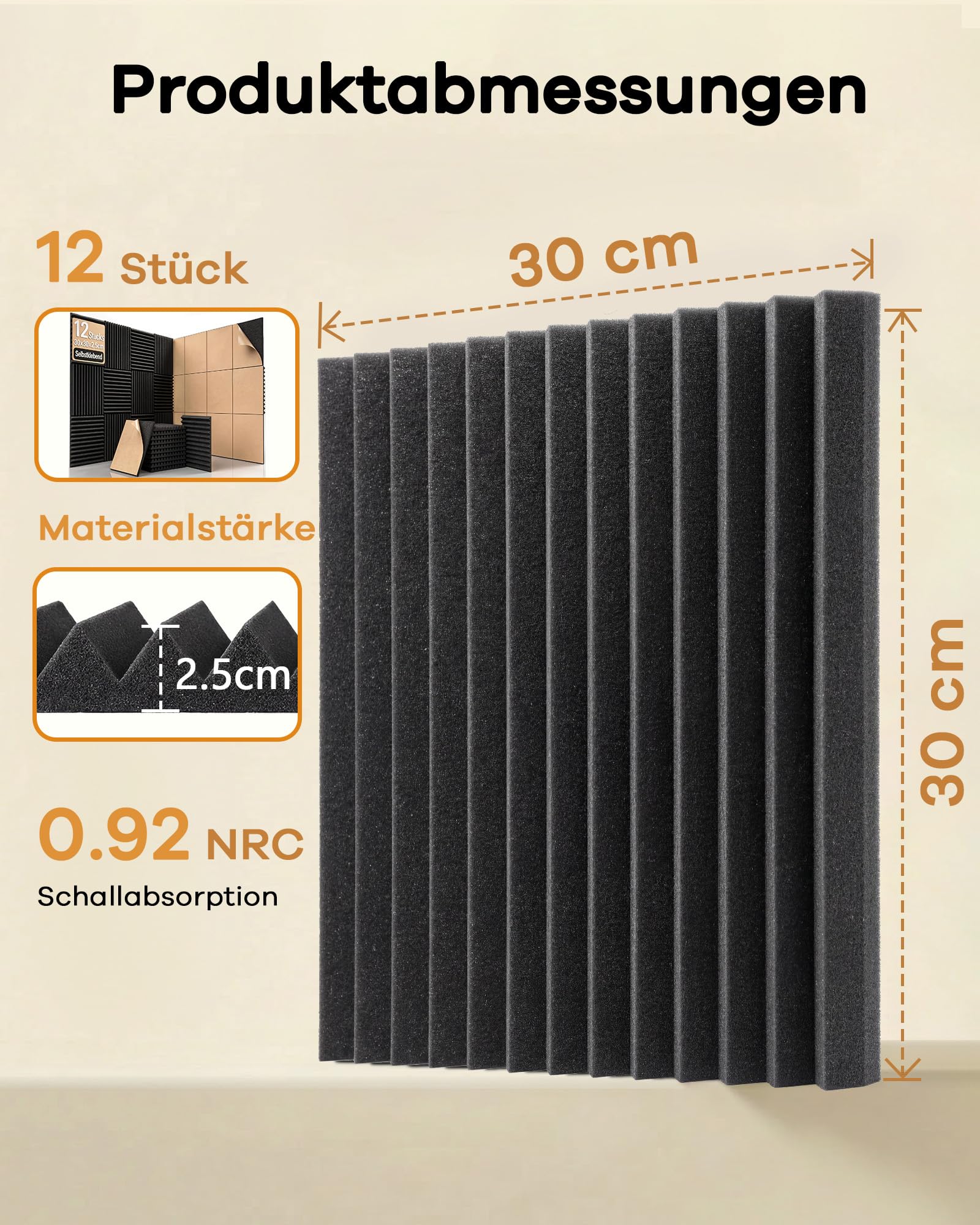 24 Stück Akustikschaumstoff, Schalldämmung Selbstklebend, 30 x 30 x 2,5cm Keil Akustikpaneele Selbstklebend, Schallschutzplatten für Tonstudio, Büro, Decke